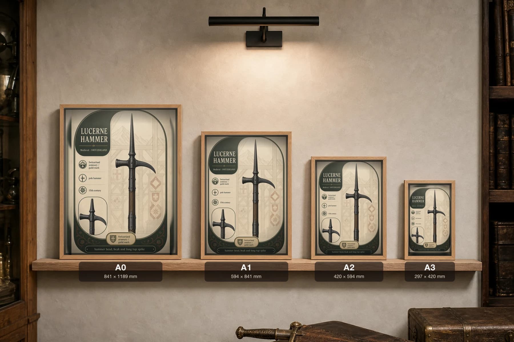 Lucerne Hammer Poster — Medieval Armoury Specimen Print · framed A2 — print size guide showing the artwork at A0, A1, A2 and A3 in natural-oak frames at true relative scale