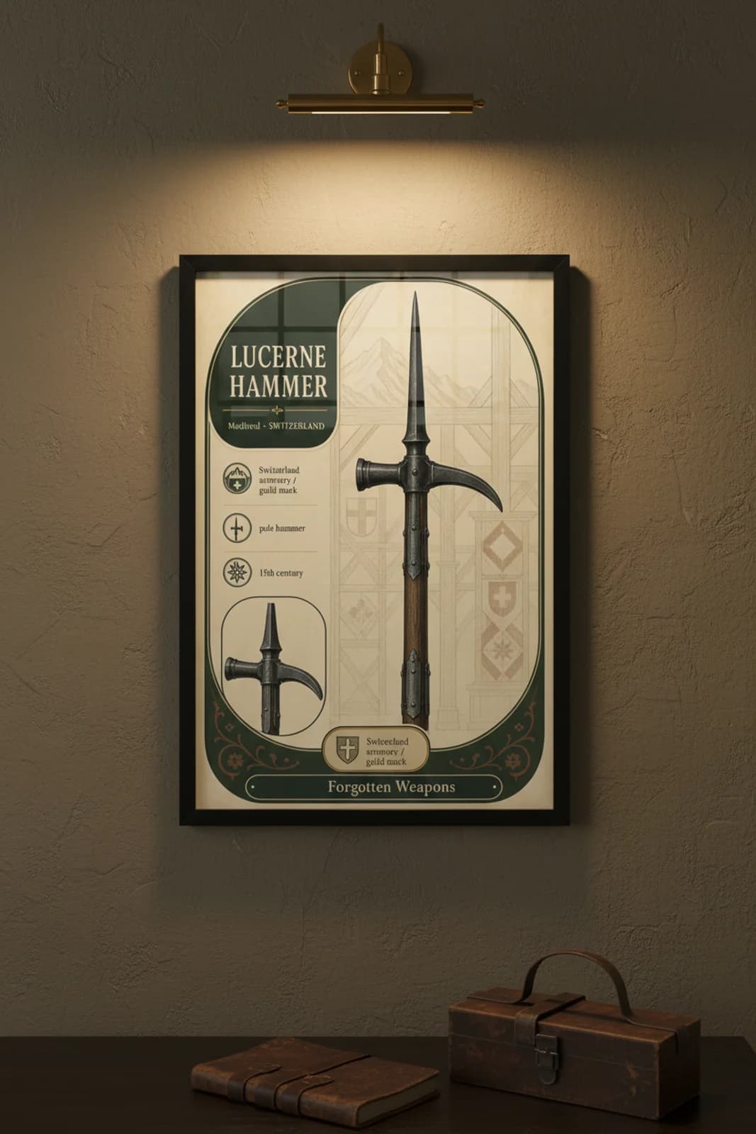 Lucerne Hammer — Forgotten Weapons poster in black A2 frame on lucerne-hammer-armoury-wash armoury plaster wall — Forgotten Weapons study mockup