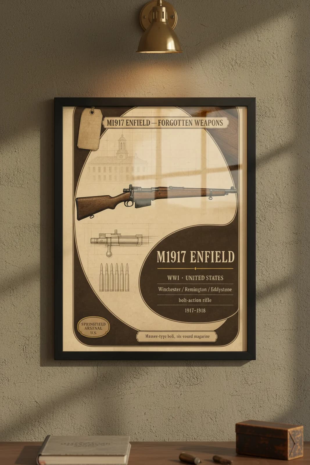 M1917 Enfield — Forgotten Weapons poster in black A2 frame on m1917-enfield-armoury-wash armoury plaster wall — Forgotten Weapons study mockup
