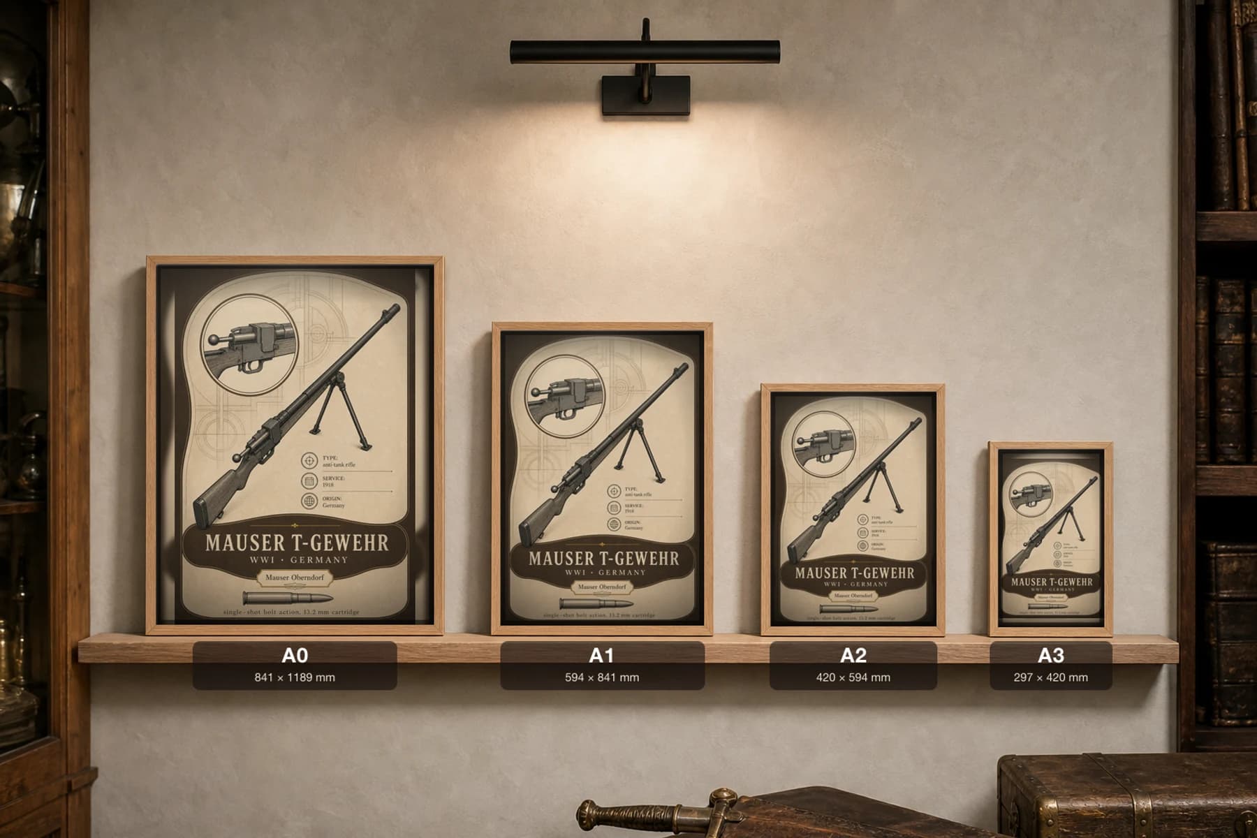 Mauser T-Gewehr Poster — WWI Armoury Specimen Print · framed A2 — print size guide showing the artwork at A0, A1, A2 and A3 in natural-oak frames at true relative scale