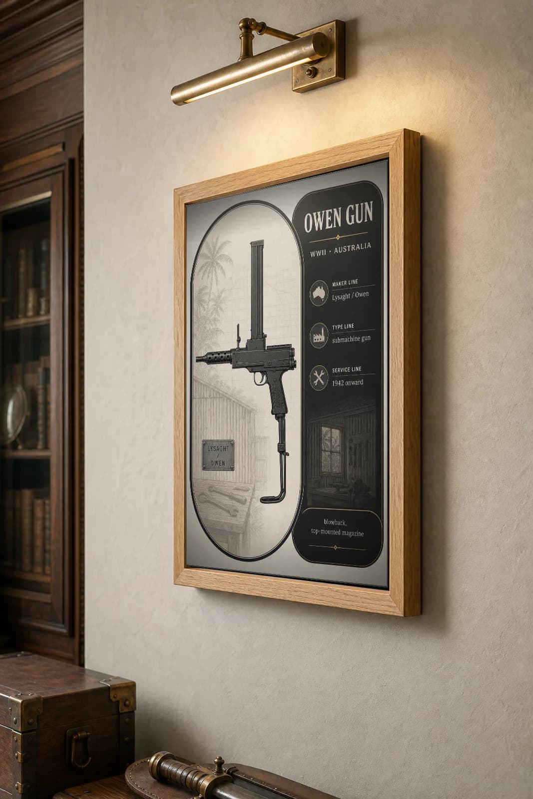 Owen Gun Poster — WWII Armoury Specimen Print · framed A2 — the framed print shown at a three-quarter angle on a styled gallery wall in a natural-oak frame