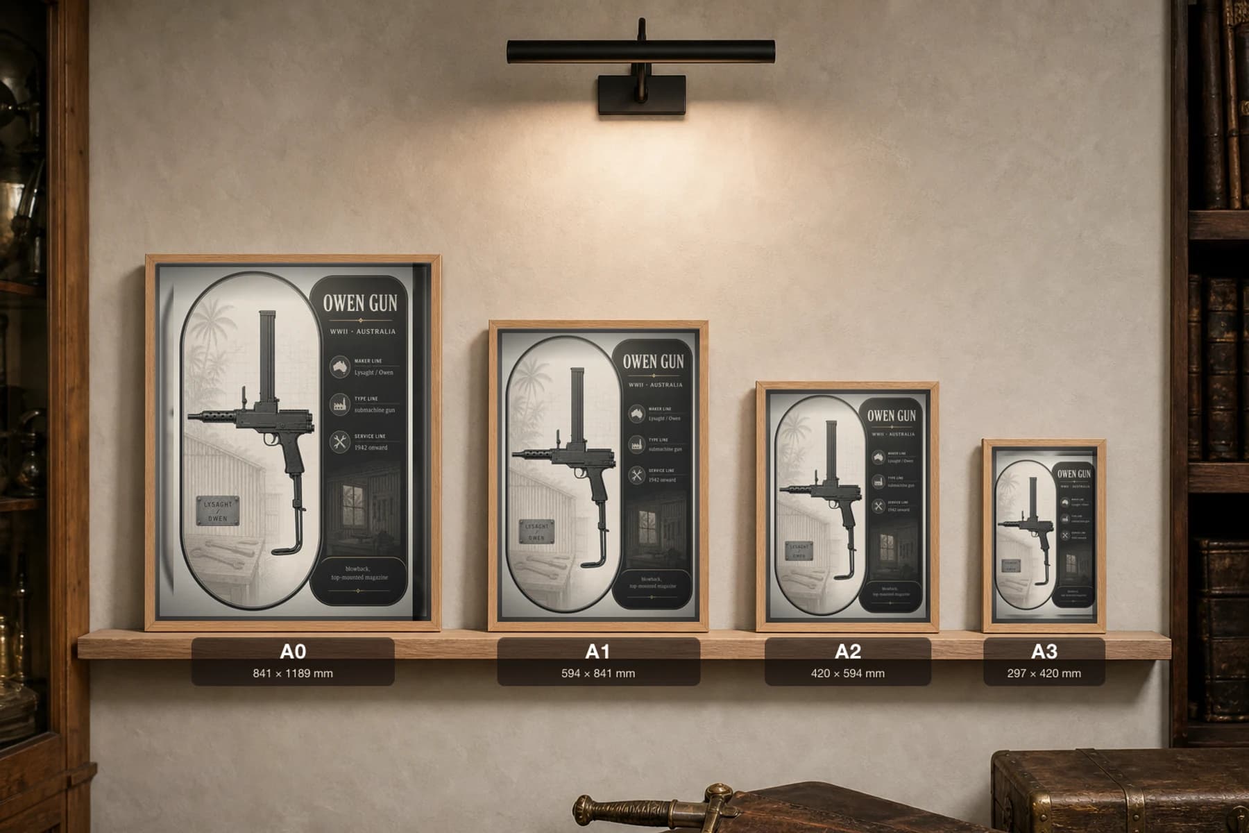 Owen Gun Poster — WWII Armoury Specimen Print · framed A2 — print size guide showing the artwork at A0, A1, A2 and A3 in natural-oak frames at true relative scale