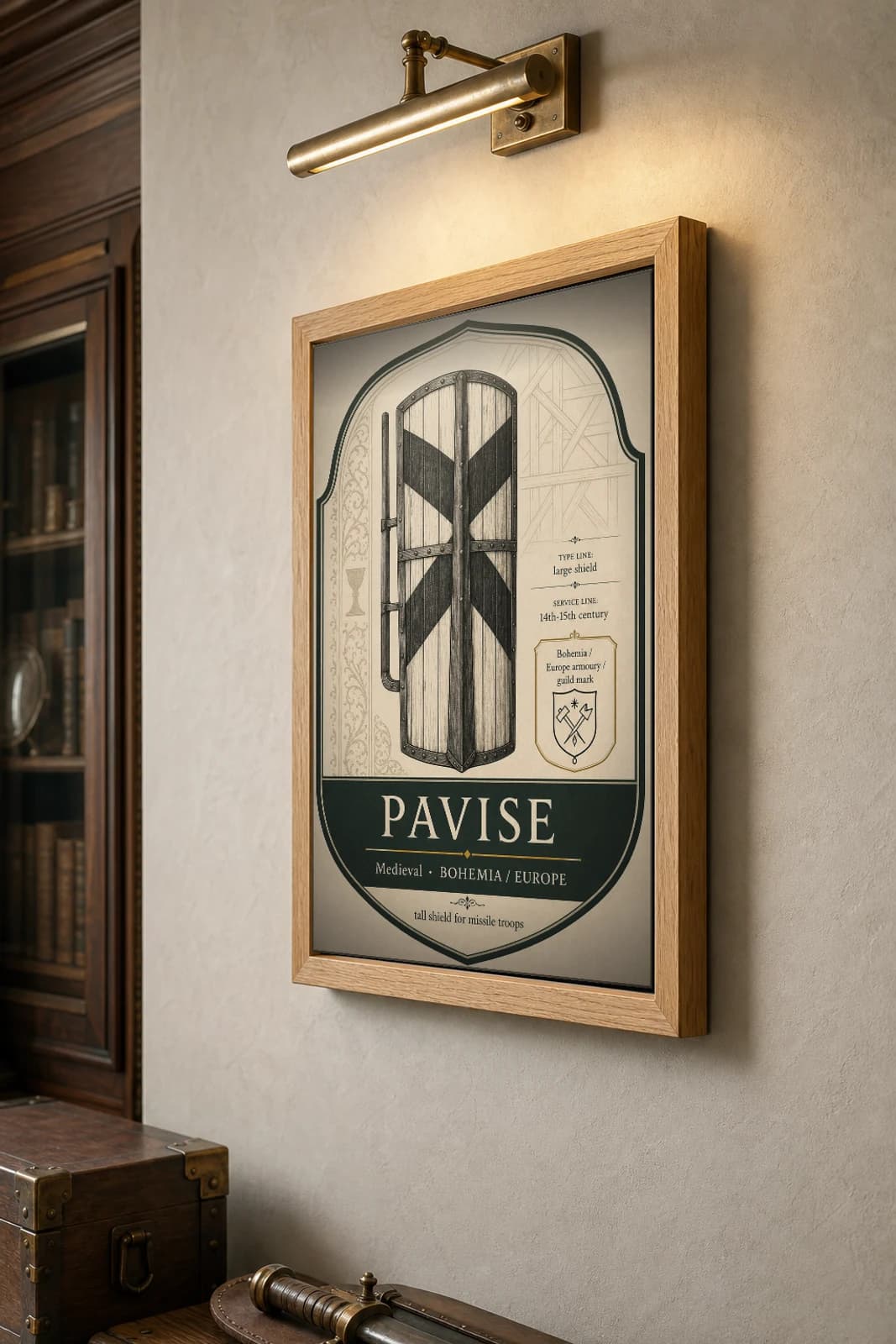 Pavise Poster — Medieval Armoury Specimen Print · framed A2 — the framed print shown at a three-quarter angle on a styled gallery wall in a natural-oak frame