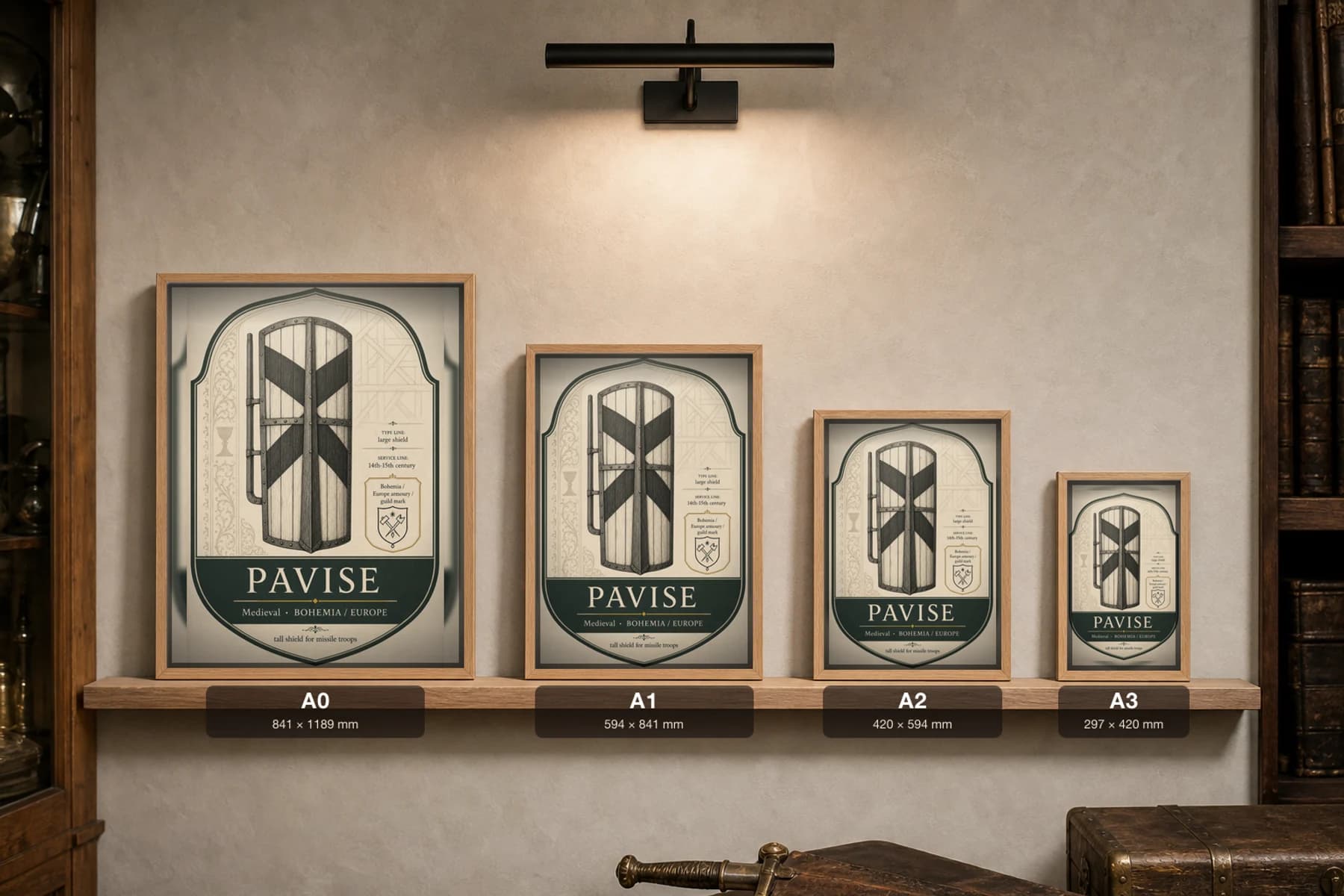 Pavise Poster — Medieval Armoury Specimen Print · framed A2 — print size guide showing the artwork at A0, A1, A2 and A3 in natural-oak frames at true relative scale