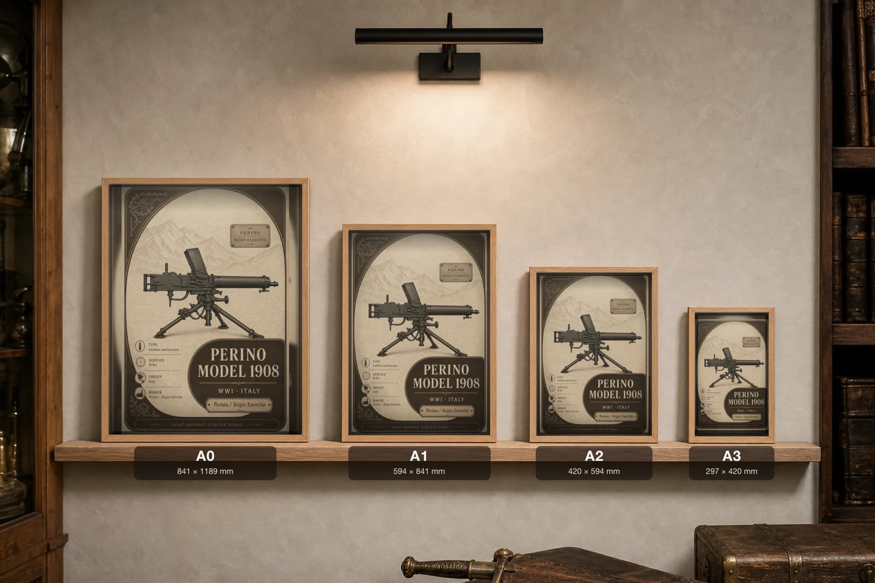 Perino Model 1908 Poster — WWI Armoury Specimen Print · framed A2 — print size guide showing the artwork at A0, A1, A2 and A3 in natural-oak frames at true relative scale