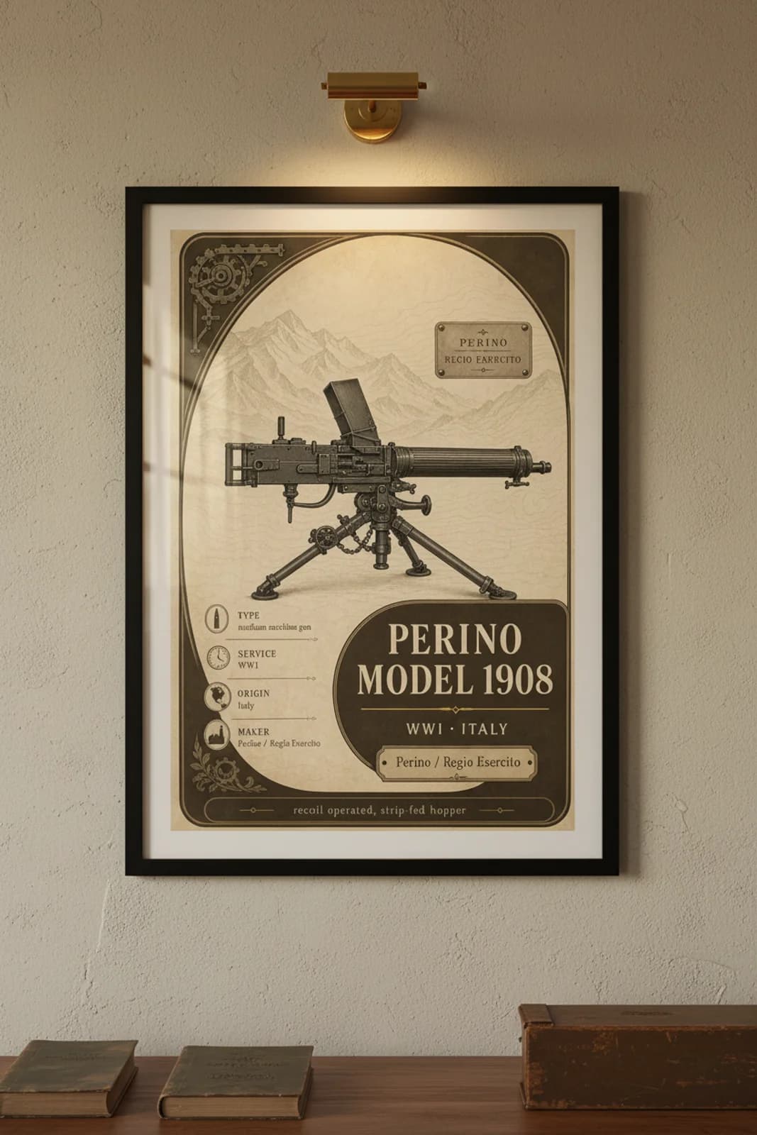 Perino Model 1908 — Forgotten Weapons poster in black A2 frame on perino-model-1908-armoury-wash armoury plaster wall — Forgotten Weapons study mockup