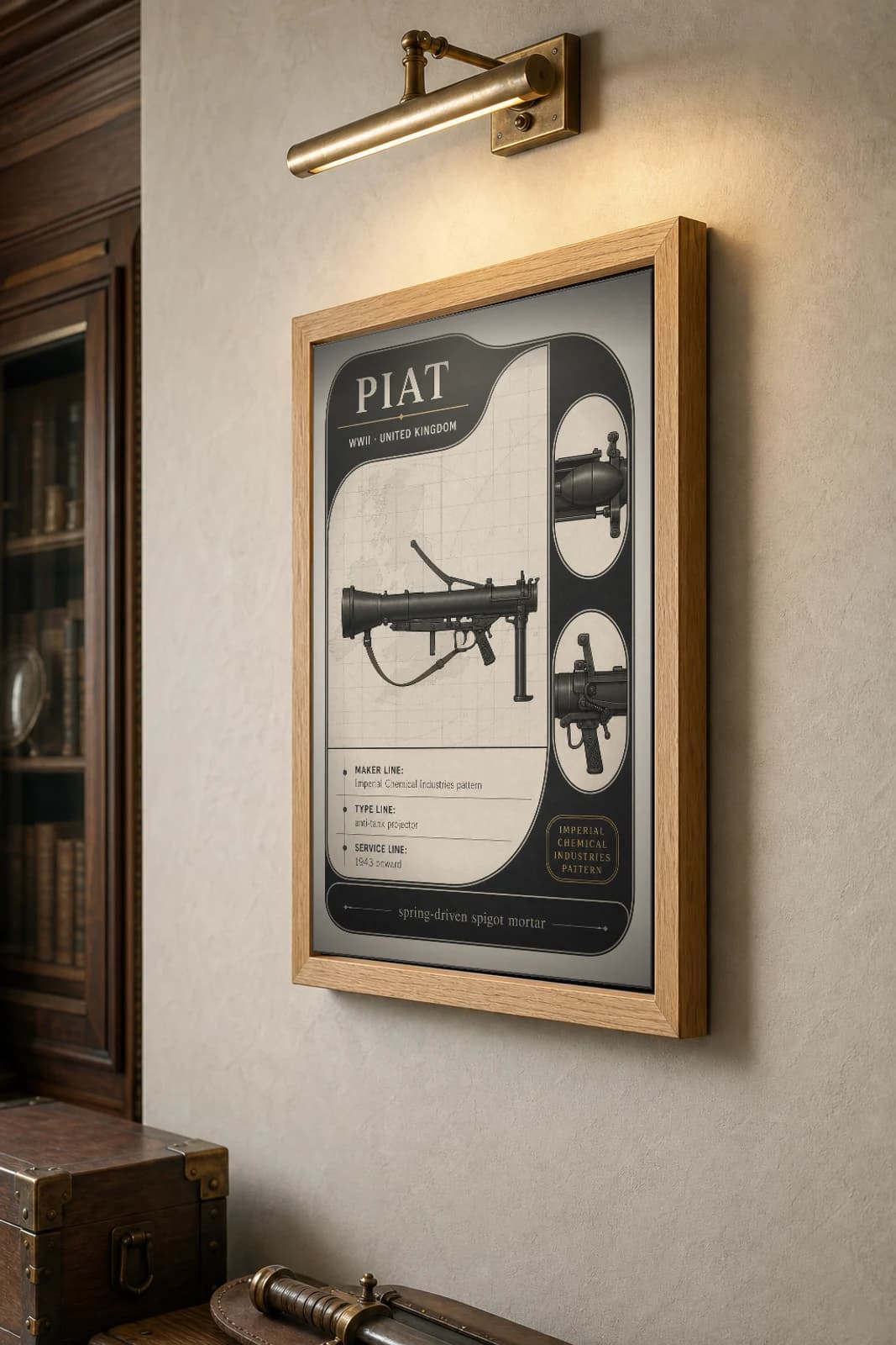 PIAT Poster — WWII Armoury Specimen Print · framed A2 — the framed print shown at a three-quarter angle on a styled gallery wall in a natural-oak frame