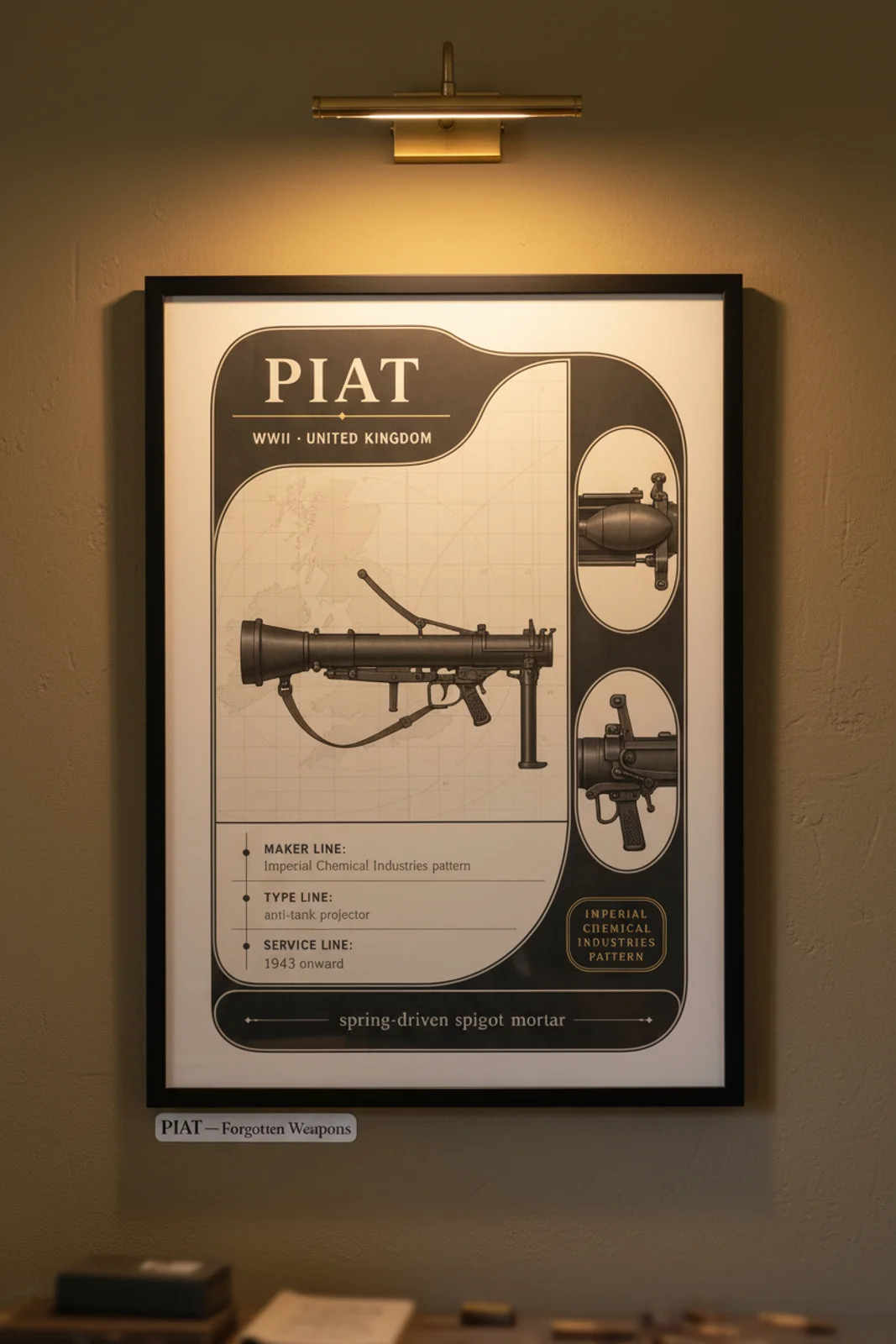 PIAT — Forgotten Weapons poster in black A2 frame on piat-armoury-wash armoury plaster wall — Forgotten Weapons study mockup