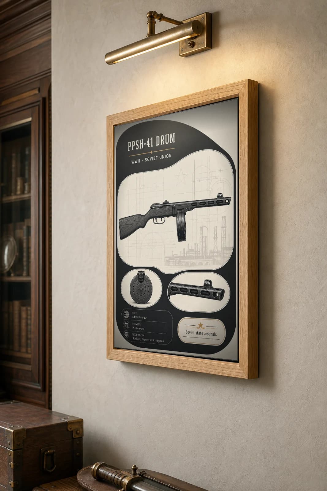 PPSh-41 Drum Poster — WWII Armoury Specimen Print · framed A2 — the framed print shown at a three-quarter angle on a styled gallery wall in a natural-oak frame