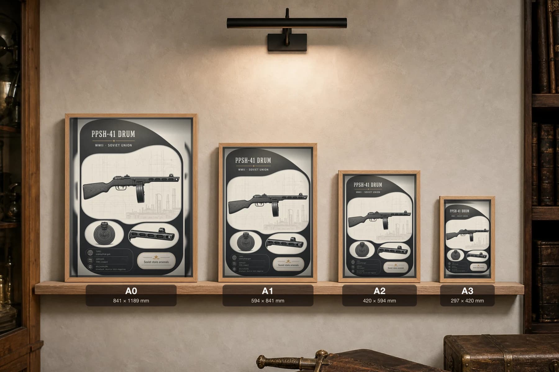 PPSh-41 Drum Poster — WWII Armoury Specimen Print · framed A2 — print size guide showing the artwork at A0, A1, A2 and A3 in natural-oak frames at true relative scale