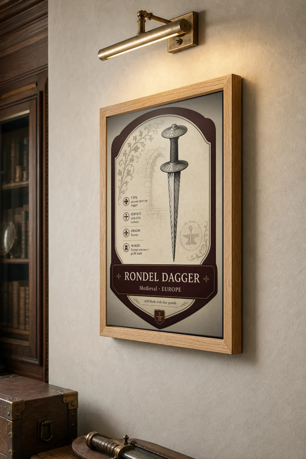 Rondel Dagger Poster — Medieval Armoury Specimen Print · framed A2 — the framed print shown at a three-quarter angle on a styled gallery wall in a natural-oak frame