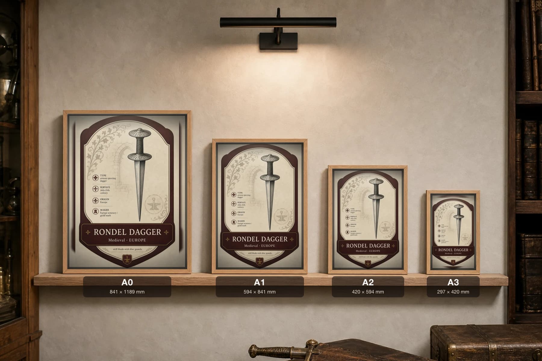 Rondel Dagger Poster — Medieval Armoury Specimen Print · framed A2 — print size guide showing the artwork at A0, A1, A2 and A3 in natural-oak frames at true relative scale
