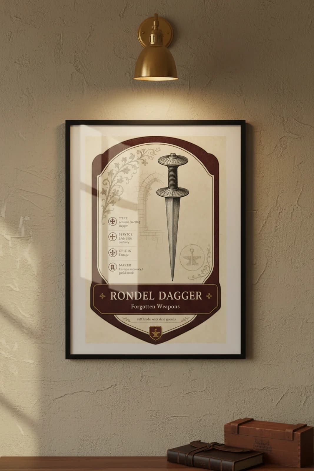 Rondel Dagger — Forgotten Weapons poster in black A2 frame on rondel-dagger-armoury-wash armoury plaster wall — Forgotten Weapons study mockup