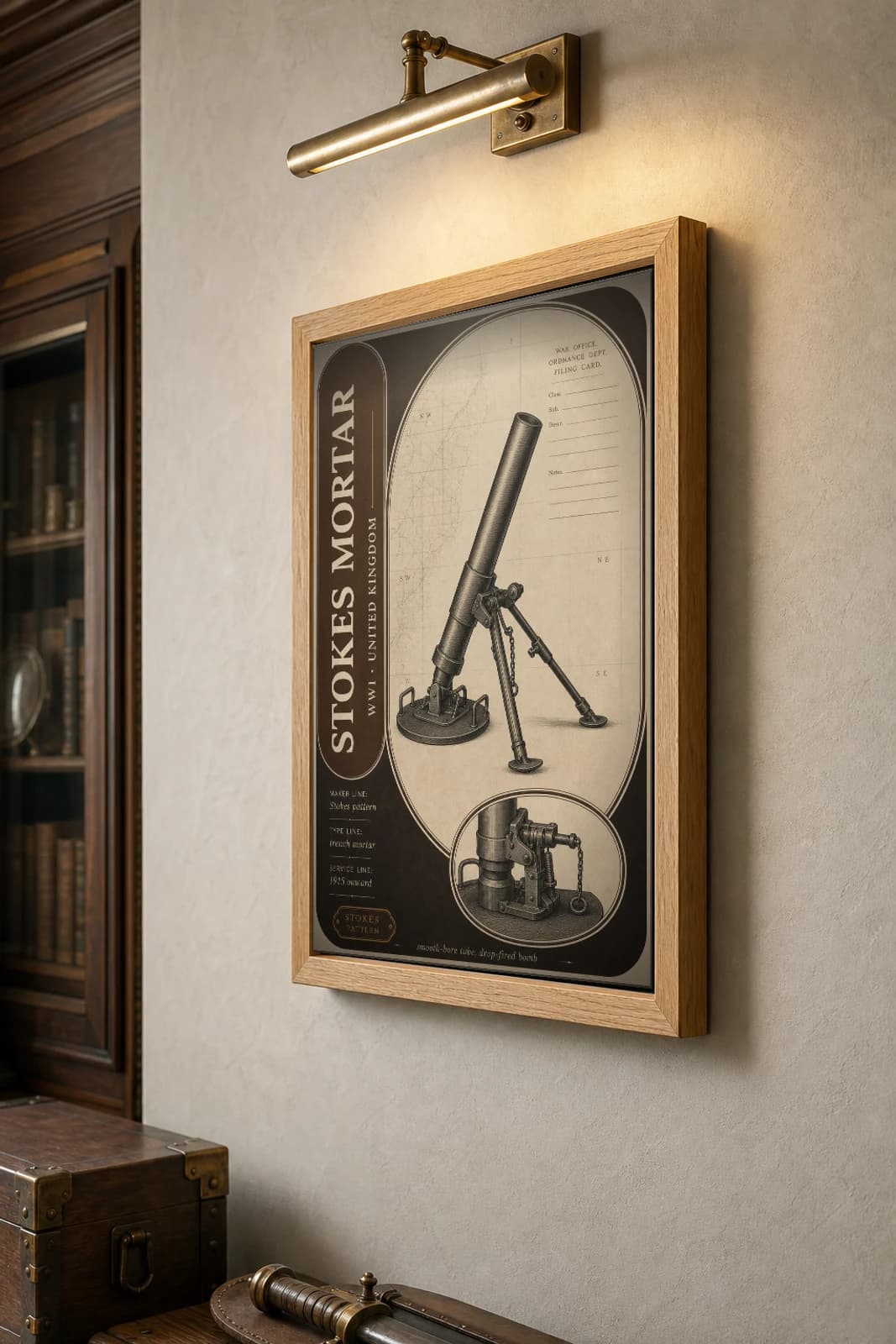 Stokes Mortar Poster — WWI Armoury Specimen Print · framed A2 — the framed print shown at a three-quarter angle on a styled gallery wall in a natural-oak frame
