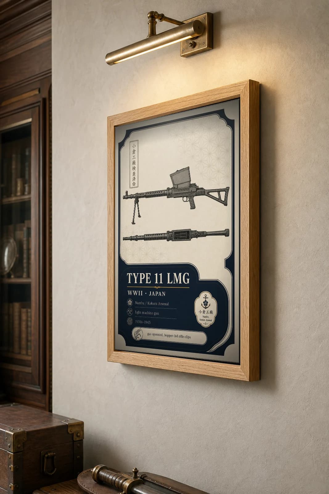 Type 11 LMG Poster — WWII Armoury Specimen Print · framed A2 — the framed print shown at a three-quarter angle on a styled gallery wall in a natural-oak frame