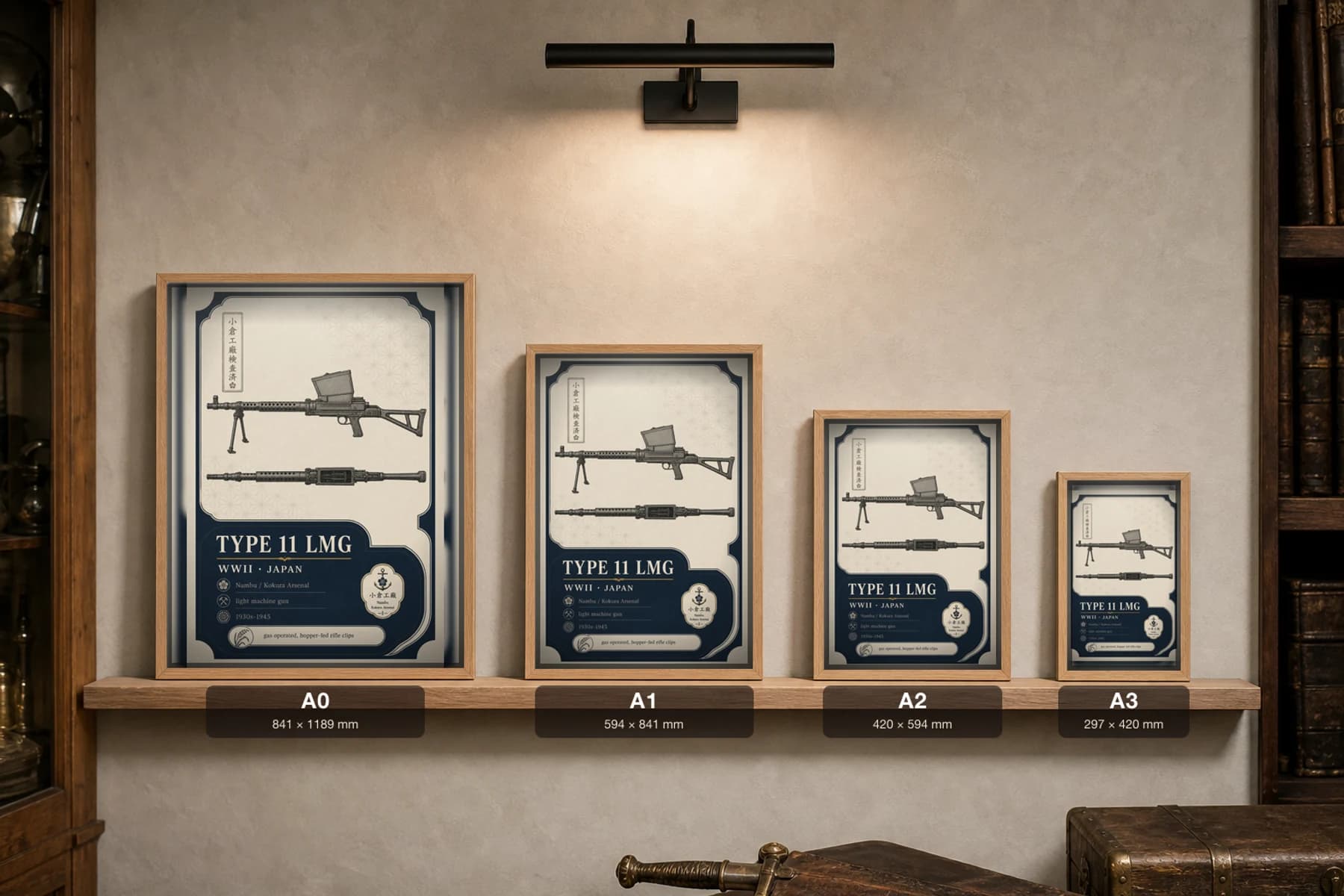 Type 11 LMG Poster — WWII Armoury Specimen Print · framed A2 — print size guide showing the artwork at A0, A1, A2 and A3 in natural-oak frames at true relative scale
