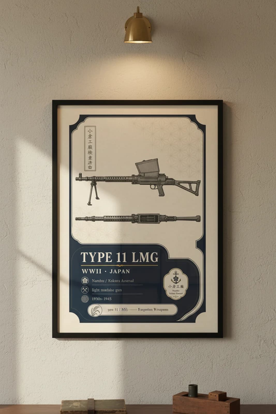 Type 11 LMG — Forgotten Weapons poster in black A2 frame on type-11-lmg-armoury-wash armoury plaster wall — Forgotten Weapons study mockup
