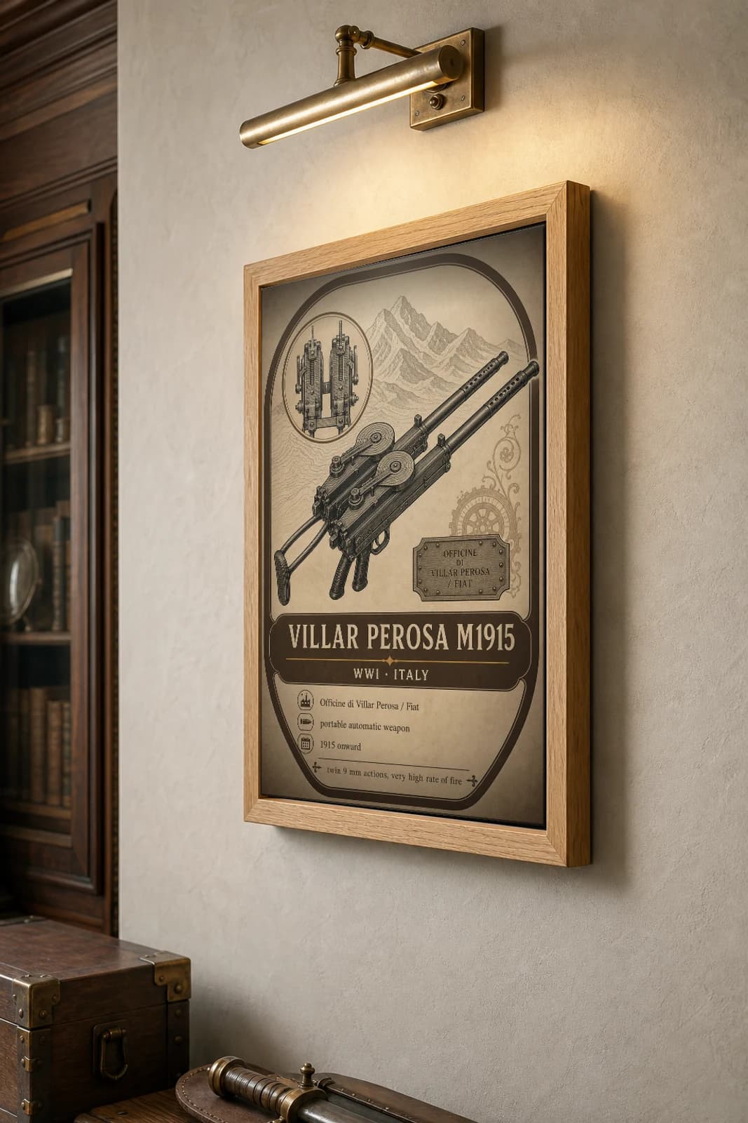 Villar Perosa M1915 Poster — WWI Armoury Specimen Print · framed A2 — the framed print shown at a three-quarter angle on a styled gallery wall in a natural-oak frame