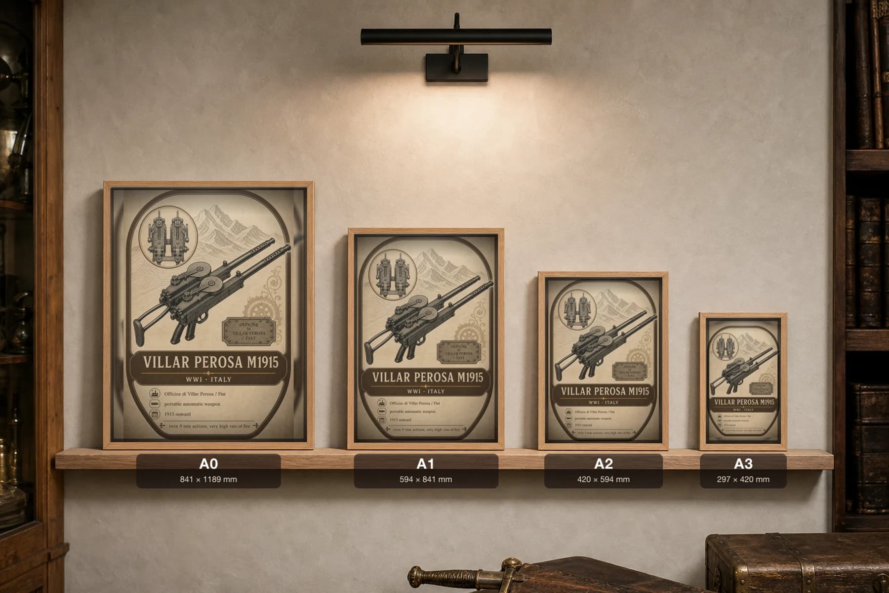 Villar Perosa M1915 Poster — WWI Armoury Specimen Print · framed A2 — print size guide showing the artwork at A0, A1, A2 and A3 in natural-oak frames at true relative scale