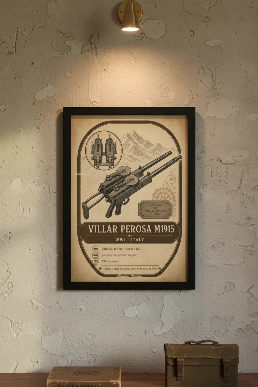 Villar Perosa M1915 — Forgotten Weapons poster in black A2 frame on villar-perosa-m1915-armoury-wash armoury plaster wall — Forgotten Weapons study mockup