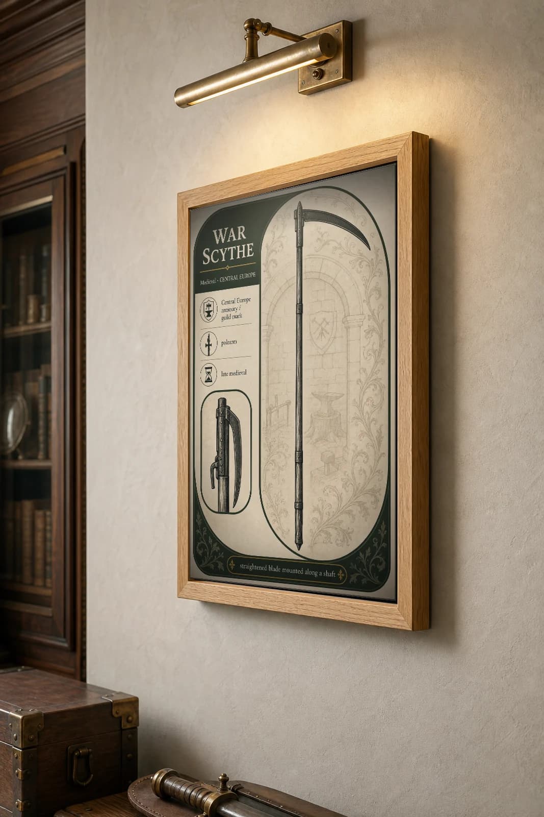 War Scythe Poster — Medieval Armoury Specimen Print · framed A2 — the framed print shown at a three-quarter angle on a styled gallery wall in a natural-oak frame