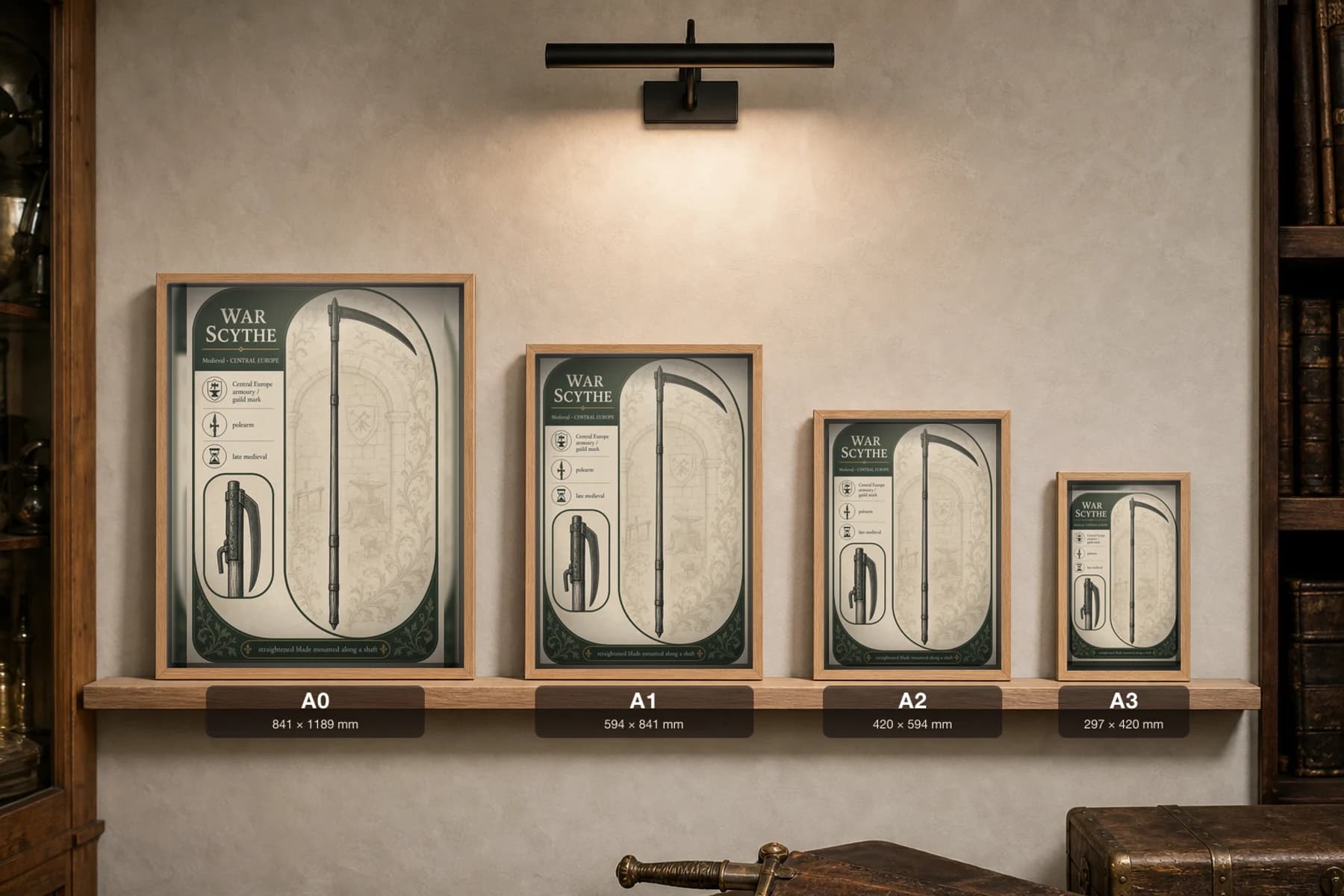 War Scythe Poster — Medieval Armoury Specimen Print · framed A2 — print size guide showing the artwork at A0, A1, A2 and A3 in natural-oak frames at true relative scale