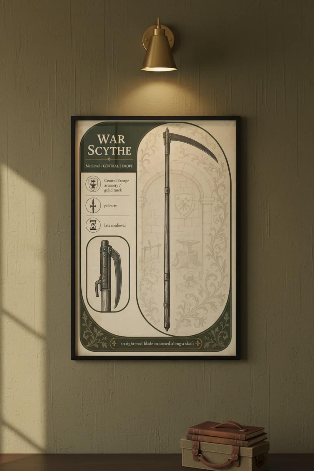 War Scythe — Forgotten Weapons poster in black A2 frame on war-scythe-armoury-wash armoury plaster wall — Forgotten Weapons study mockup
