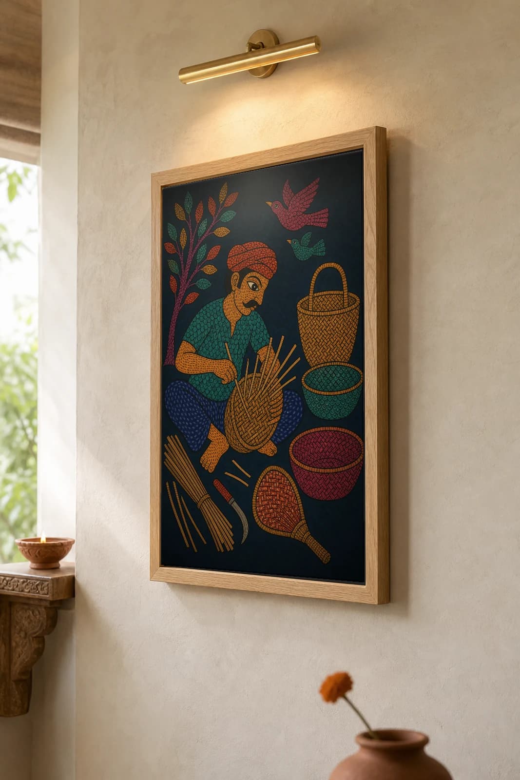 Bamboo Basket Maker Gond Art Print — Pradhan Gond Jangarh Kalam folk art · collector A2 · Madhya Pradesh — the framed print shown at a three-quarter angle on a styled gallery wall in a natural-oak frame