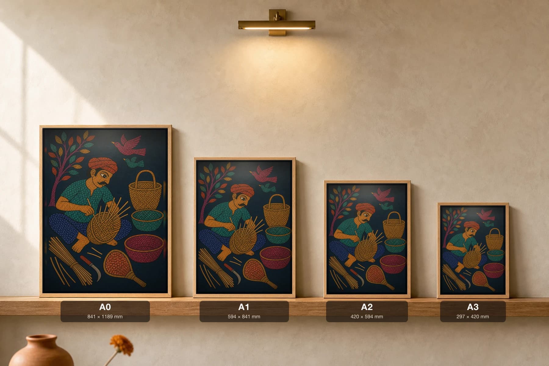 Bamboo Basket Maker Gond Art Print — Pradhan Gond Jangarh Kalam folk art · collector A2 · Madhya Pradesh — print size guide showing the artwork at A0, A1, A2 and A3 in natural-oak frames at true relative scale