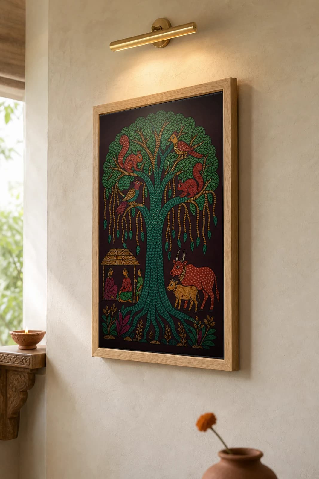 Banyan Spirit Tree Gond Art Print — Pradhan Gond Jangarh Kalam folk art · collector A2 · Madhya Pradesh — the framed print shown at a three-quarter angle on a styled gallery wall in a natural-oak frame
