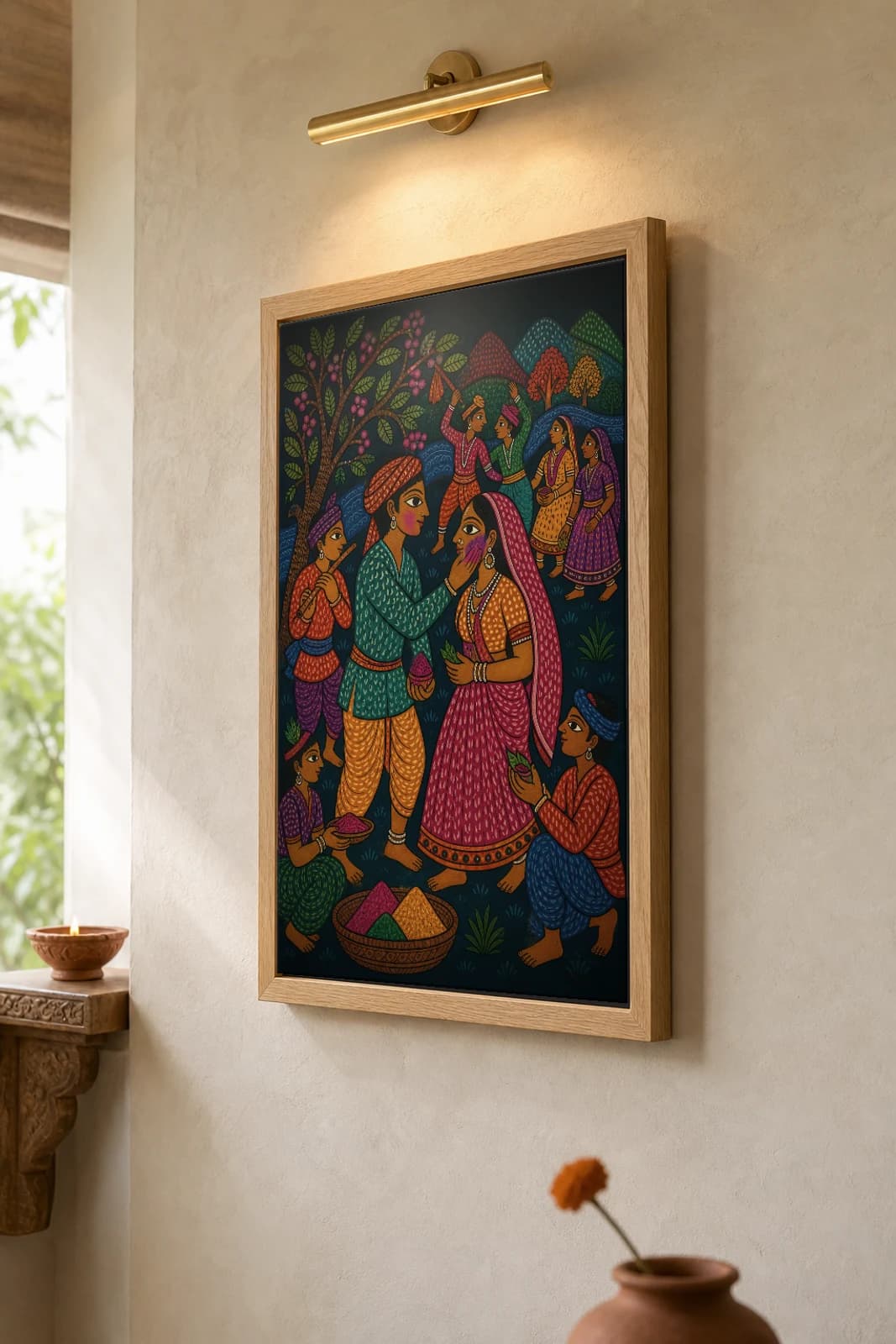 Bhagoria Courtship Gond Art Print — Pradhan Gond Jangarh Kalam folk art · collector A2 · Madhya Pradesh — the framed print shown at a three-quarter angle on a styled gallery wall in a natural-oak frame