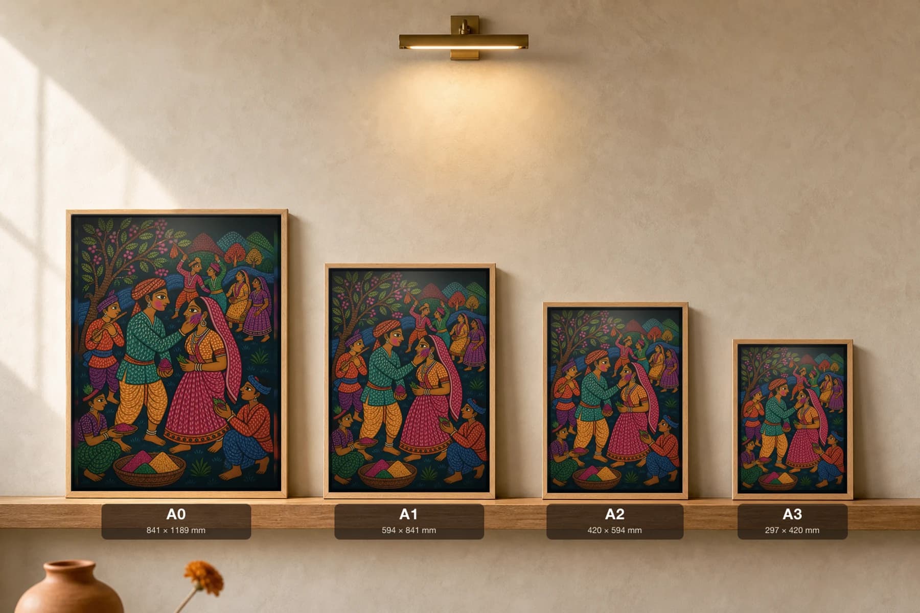 Bhagoria Courtship Gond Art Print — Pradhan Gond Jangarh Kalam folk art · collector A2 · Madhya Pradesh — print size guide showing the artwork at A0, A1, A2 and A3 in natural-oak frames at true relative scale