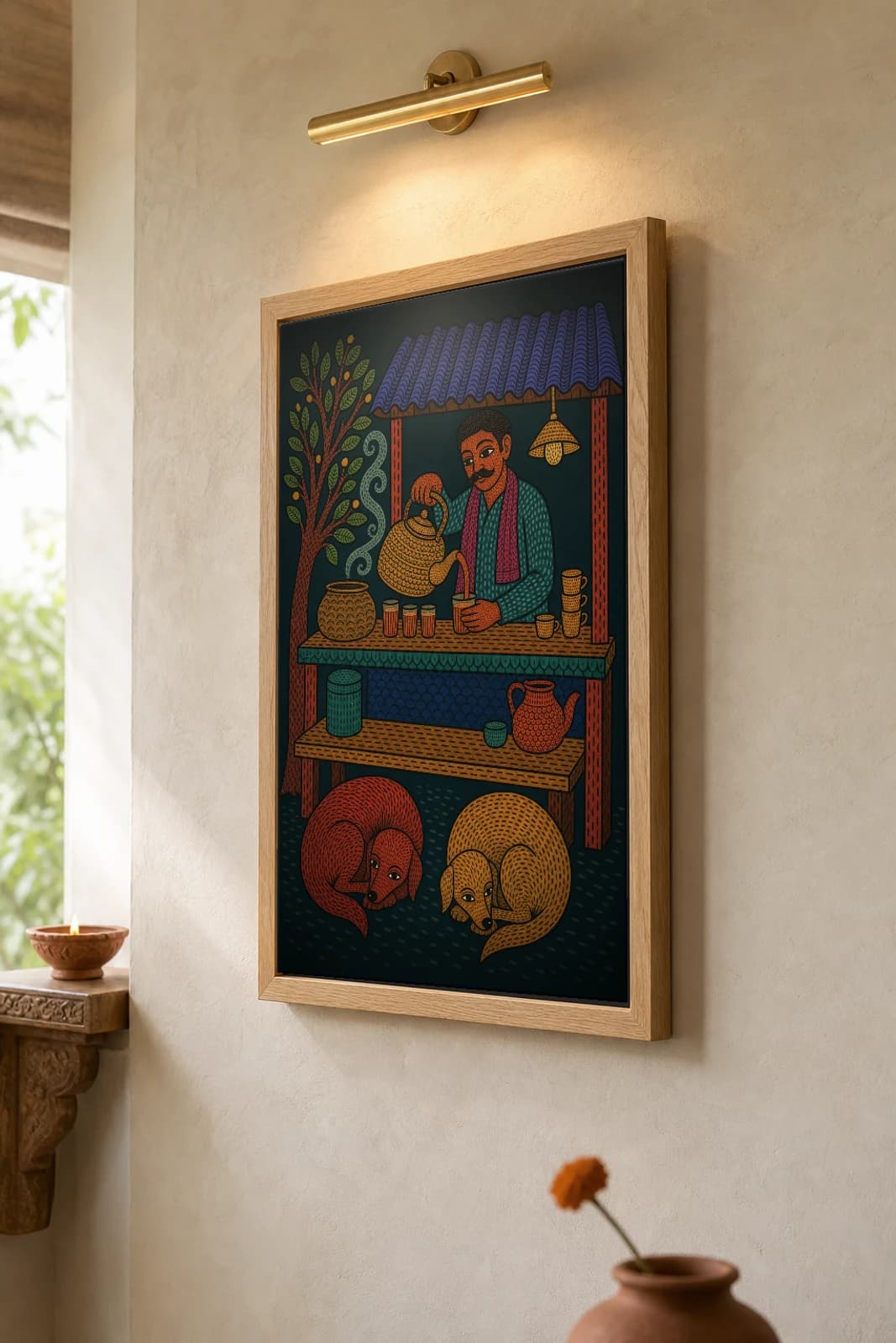 Chai Stall Dogs Gond Art Print — Pradhan Gond Jangarh Kalam folk art · collector A2 · Madhya Pradesh — the framed print shown at a three-quarter angle on a styled gallery wall in a natural-oak frame