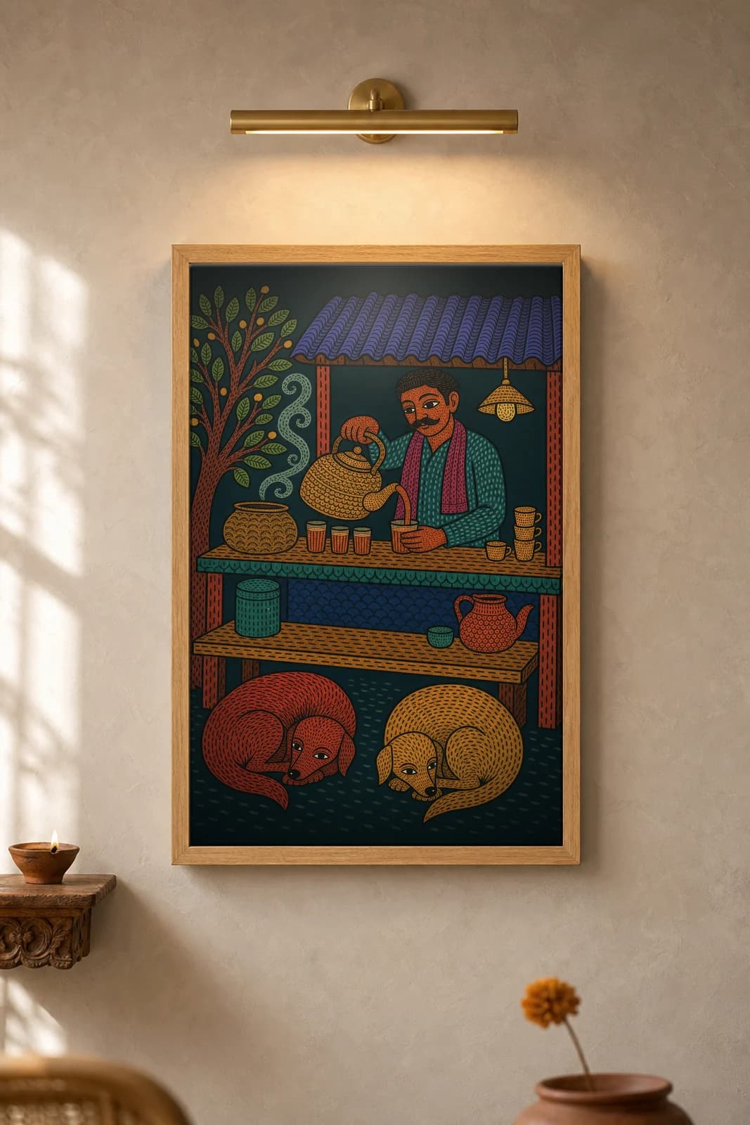 Chai Stall Dogs — framed museum print, Gond