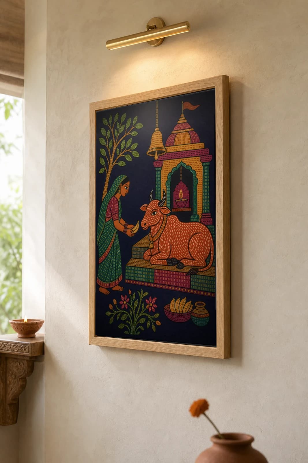 Temple Cow Gond Art Print — Pradhan Gond Jangarh Kalam folk art · collector A2 · Madhya Pradesh — the framed print shown at a three-quarter angle on a styled gallery wall in a natural-oak frame