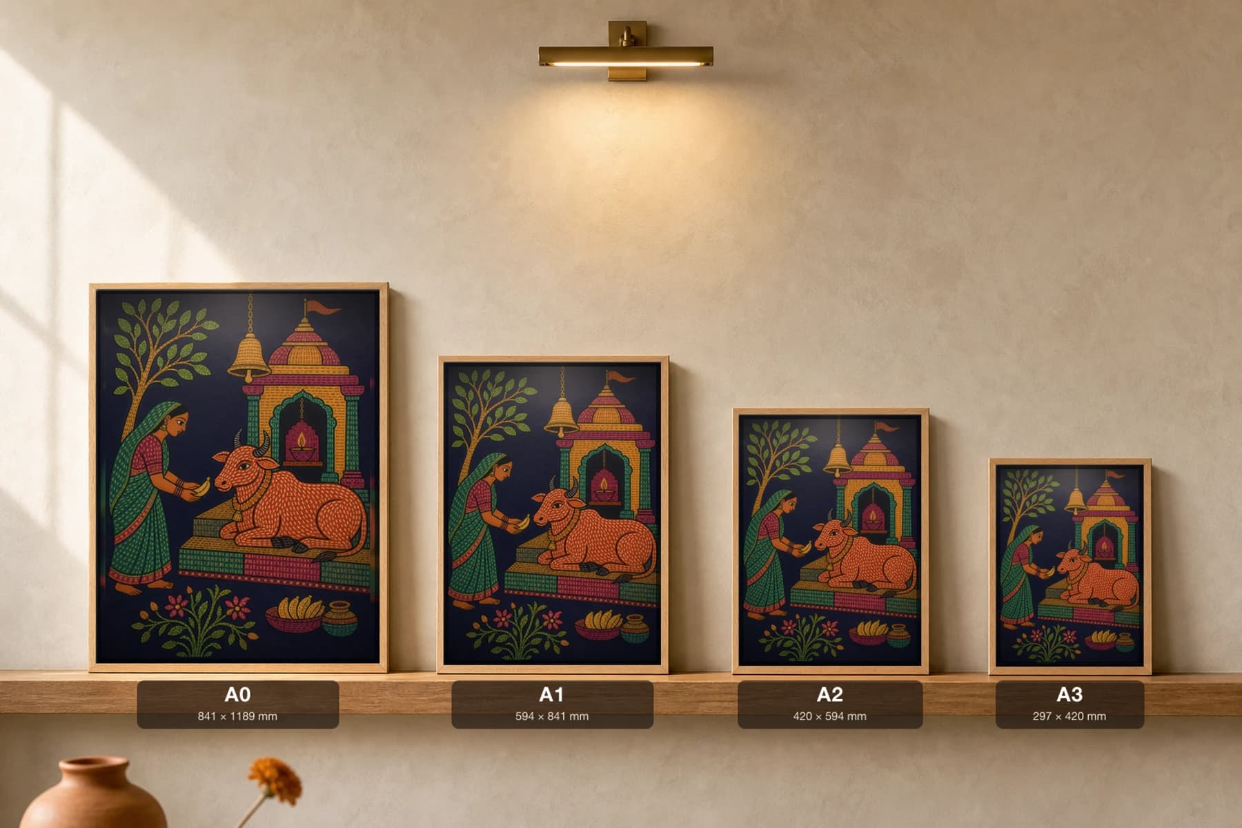 Temple Cow Gond Art Print — Pradhan Gond Jangarh Kalam folk art · collector A2 · Madhya Pradesh — print size guide showing the artwork at A0, A1, A2 and A3 in natural-oak frames at true relative scale
