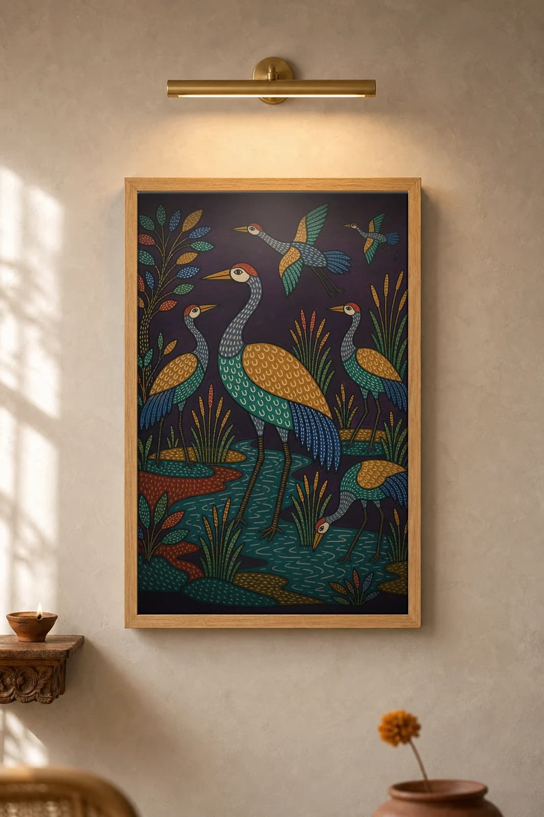 Crane Wetland — framed museum print, Gond