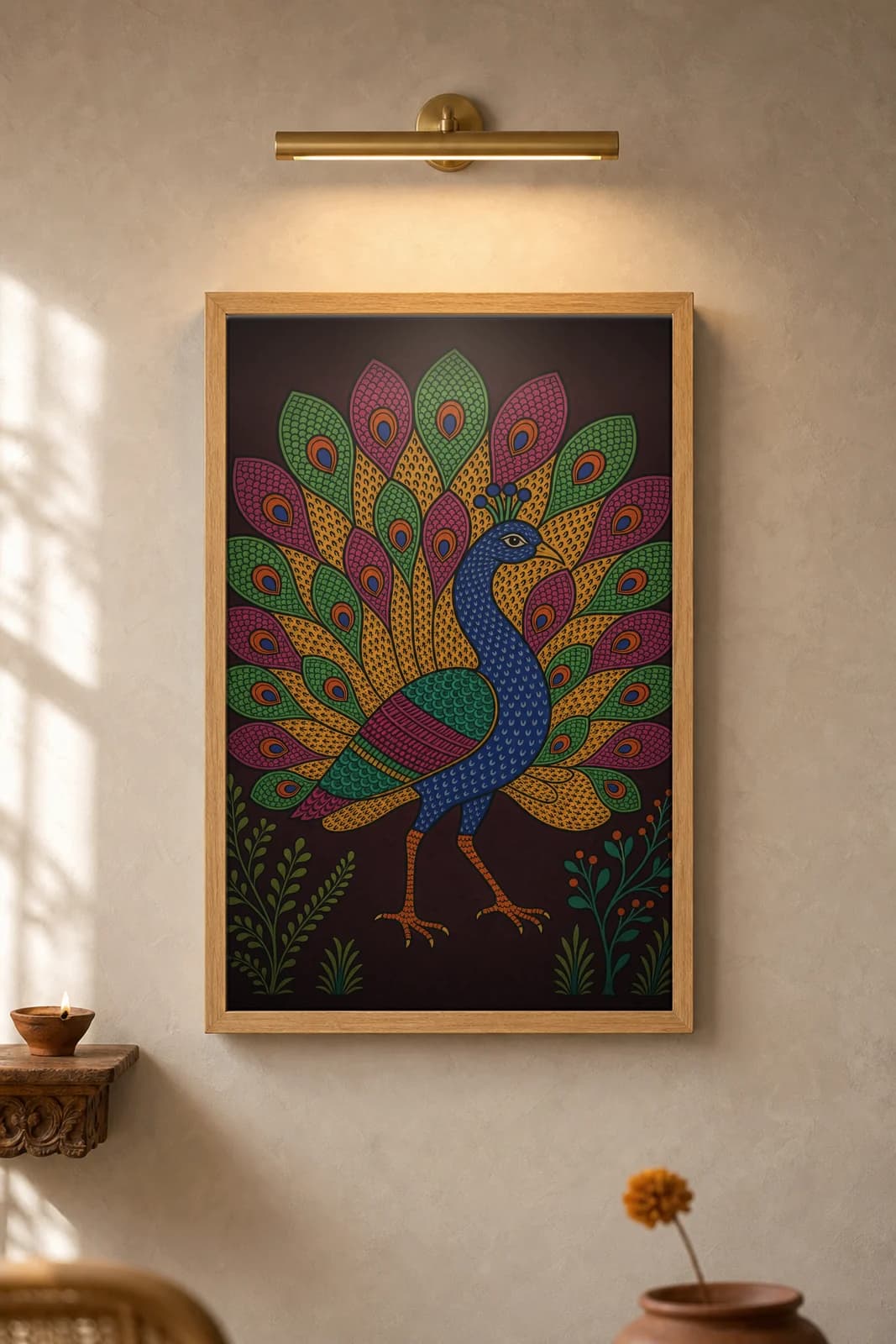 Dancing Peacock — framed museum print, Gond
