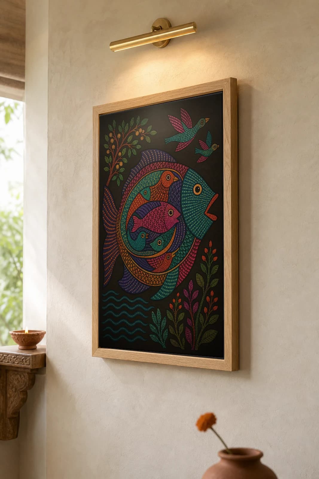 Fish Within Fish Gond Art Print — Pradhan Gond Jangarh Kalam folk art · collector A2 · Madhya Pradesh — the framed print shown at a three-quarter angle on a styled gallery wall in a natural-oak frame