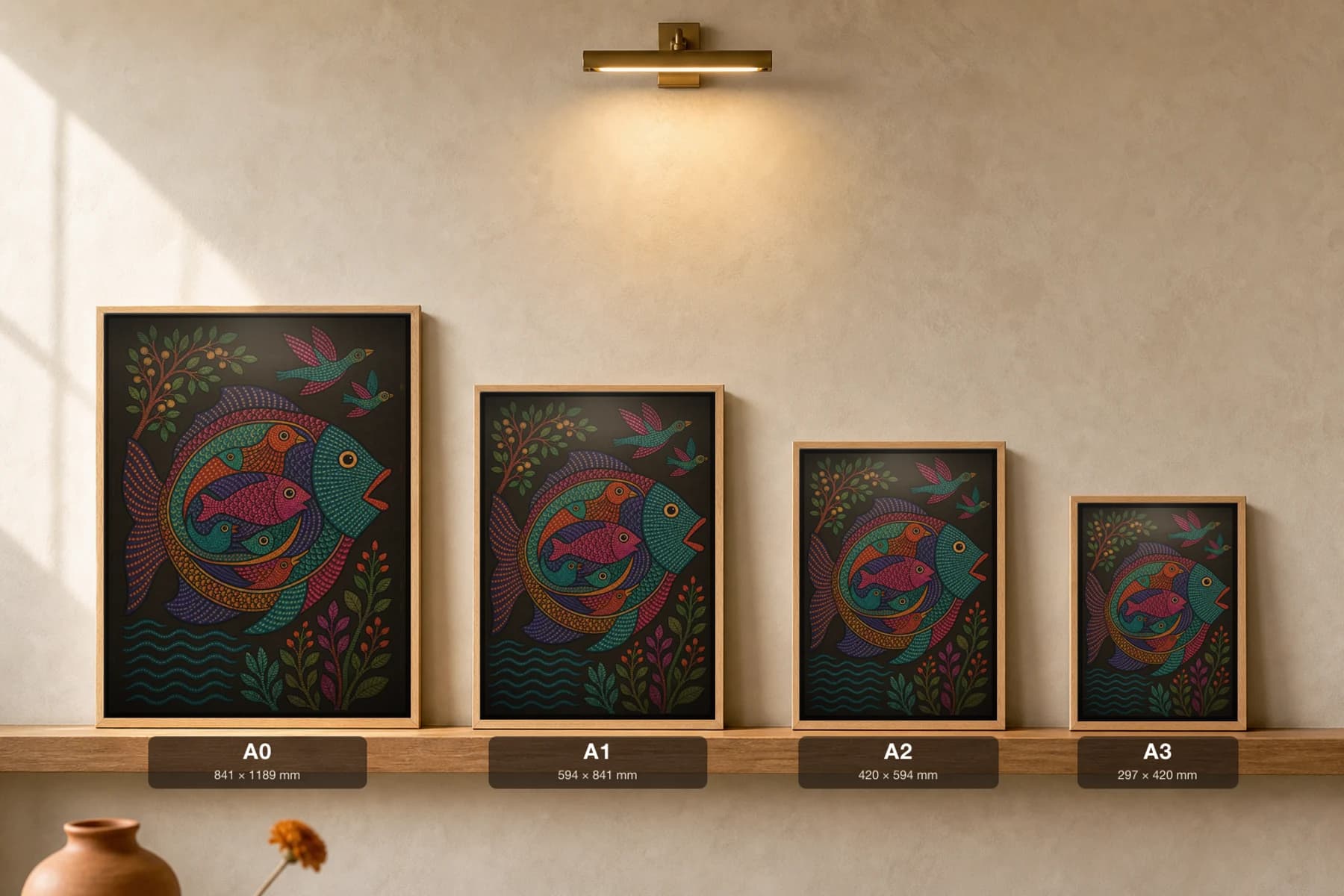 Fish Within Fish Gond Art Print — Pradhan Gond Jangarh Kalam folk art · collector A2 · Madhya Pradesh — print size guide showing the artwork at A0, A1, A2 and A3 in natural-oak frames at true relative scale