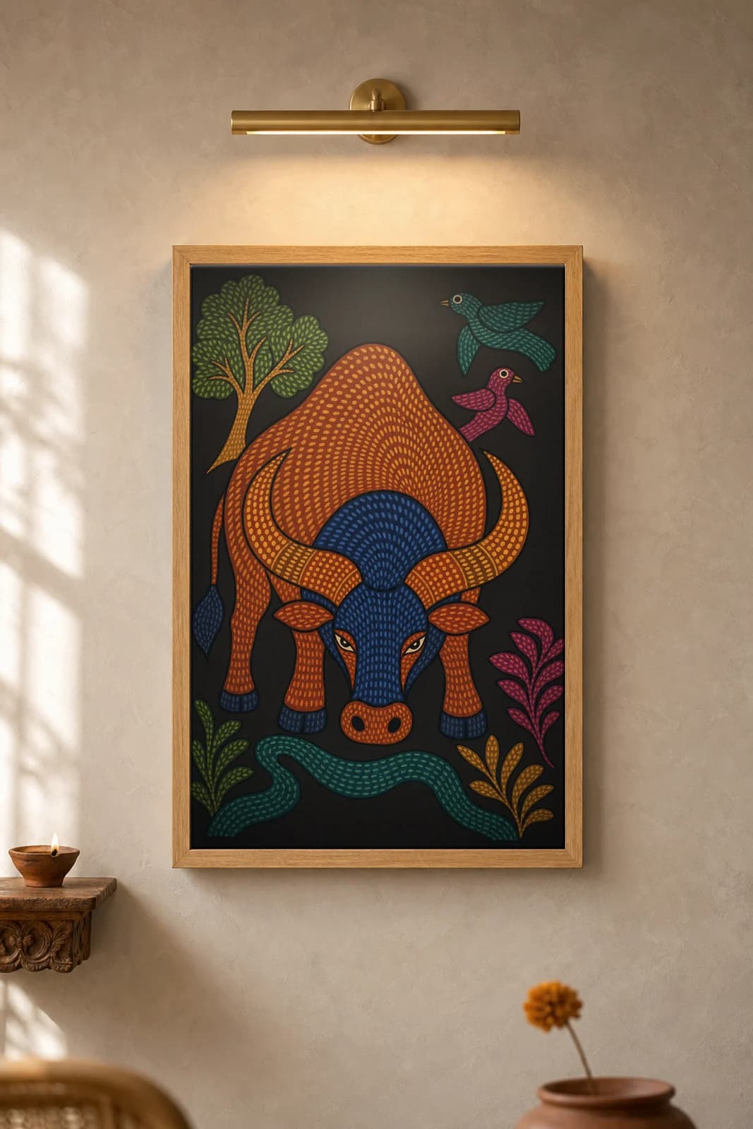 Forest Bison — framed museum print, Gond