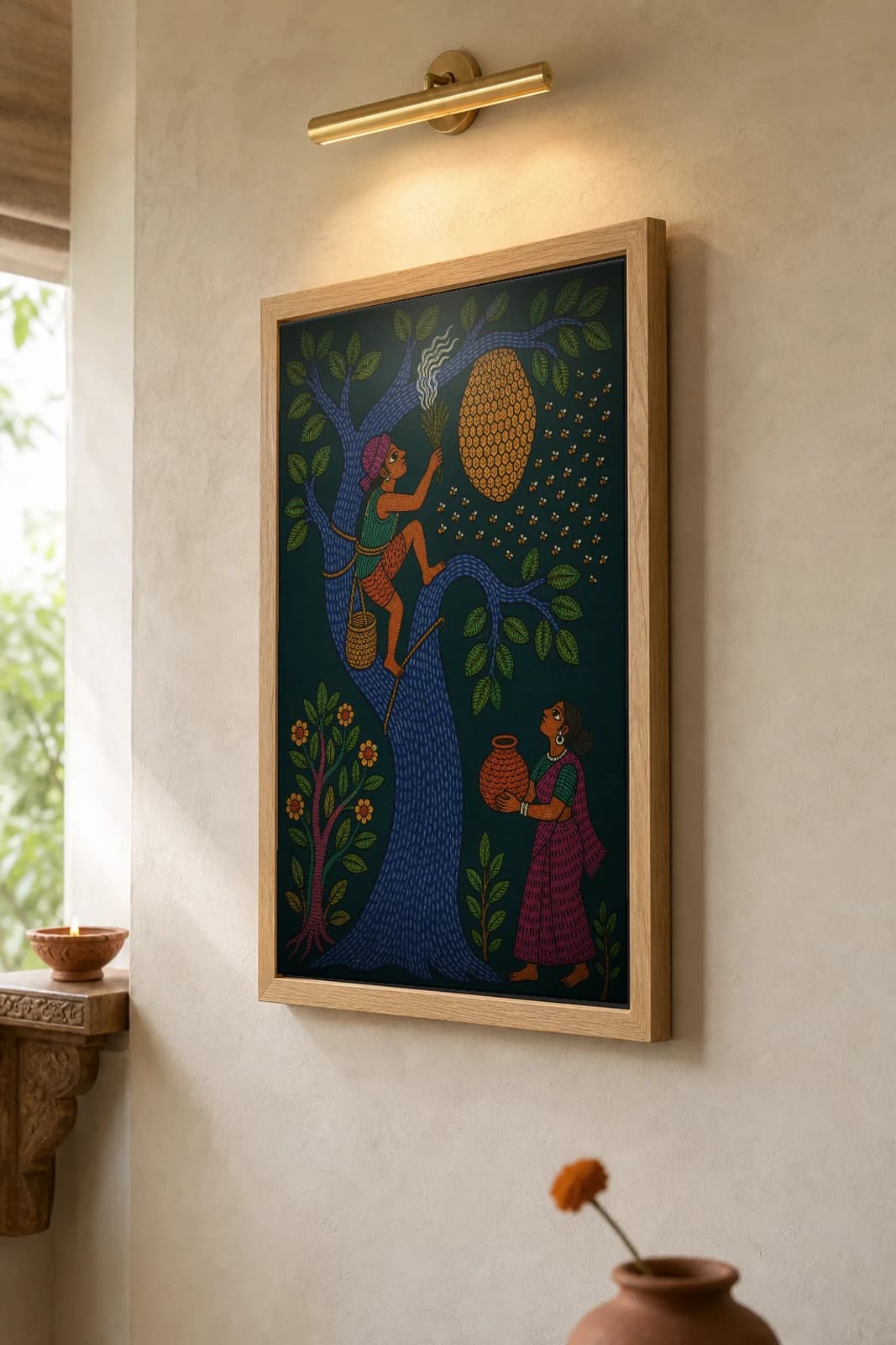 Honey Gatherer Gond Art Print — Pradhan Gond Jangarh Kalam folk art · collector A2 · Madhya Pradesh — the framed print shown at a three-quarter angle on a styled gallery wall in a natural-oak frame