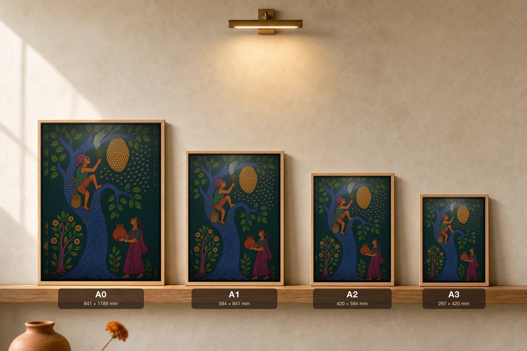 Honey Gatherer Gond Art Print — Pradhan Gond Jangarh Kalam folk art · collector A2 · Madhya Pradesh — print size guide showing the artwork at A0, A1, A2 and A3 in natural-oak frames at true relative scale