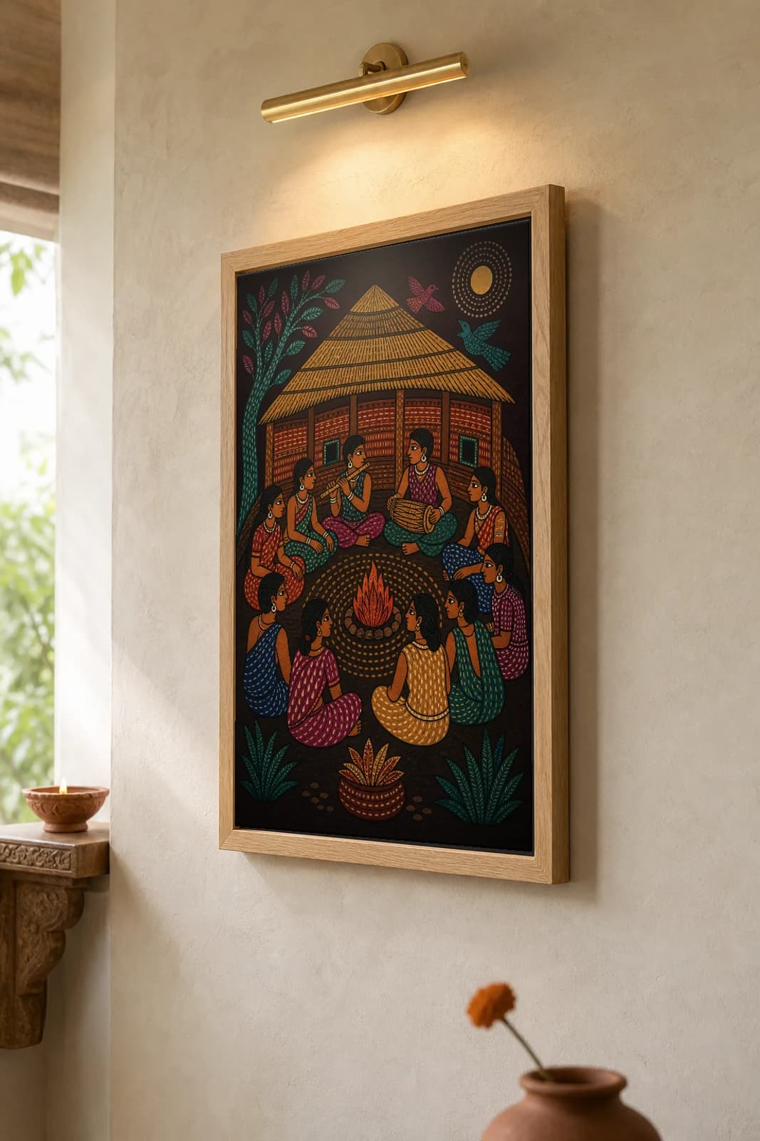 The Ghotul Gond Art Print — Pradhan Gond Jangarh Kalam folk art · collector A2 · Madhya Pradesh — the framed print shown at a three-quarter angle on a styled gallery wall in a natural-oak frame