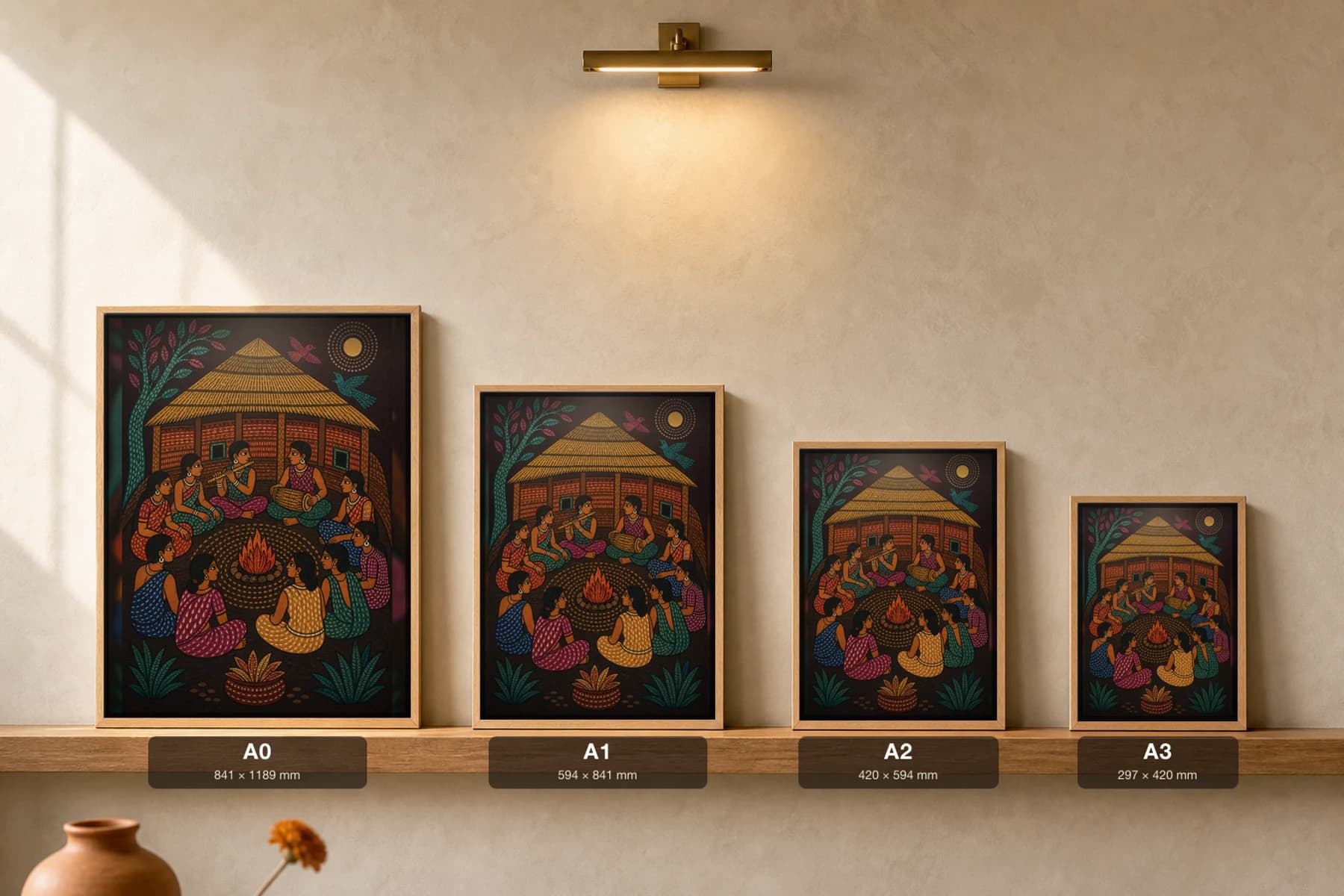 The Ghotul Gond Art Print — Pradhan Gond Jangarh Kalam folk art · collector A2 · Madhya Pradesh — print size guide showing the artwork at A0, A1, A2 and A3 in natural-oak frames at true relative scale