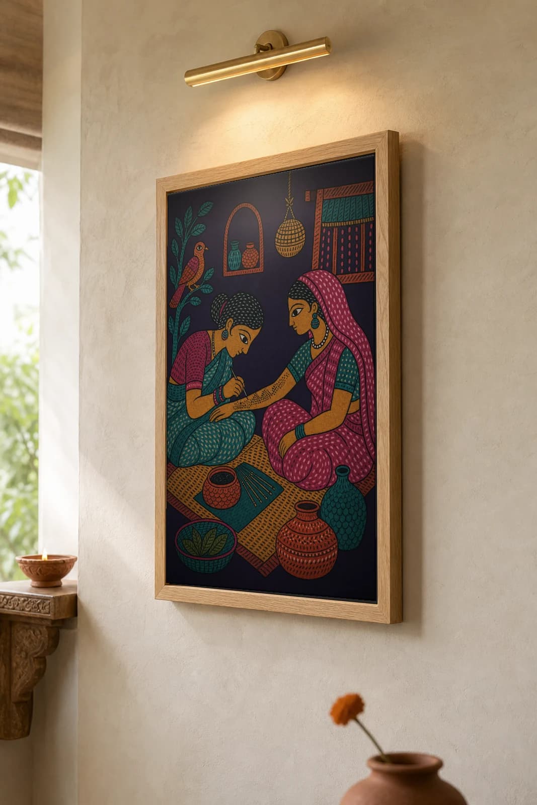 Godna Tattoo Gond Art Print — Pradhan Gond Jangarh Kalam folk art · collector A2 · Madhya Pradesh — the framed print shown at a three-quarter angle on a styled gallery wall in a natural-oak frame