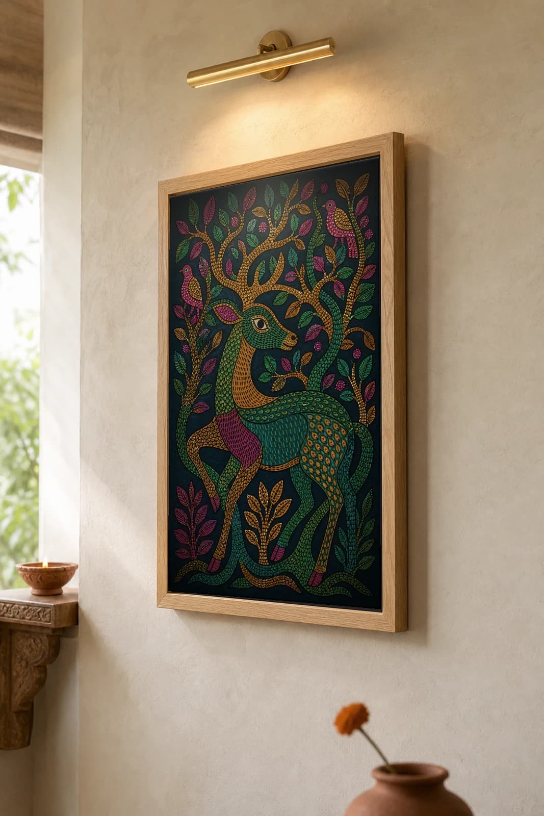 Deer and Trees Woven Gond Art Print — Pradhan Gond Jangarh Kalam folk art · collector A2 · Madhya Pradesh — the framed print shown at a three-quarter angle on a styled gallery wall in a natural-oak frame