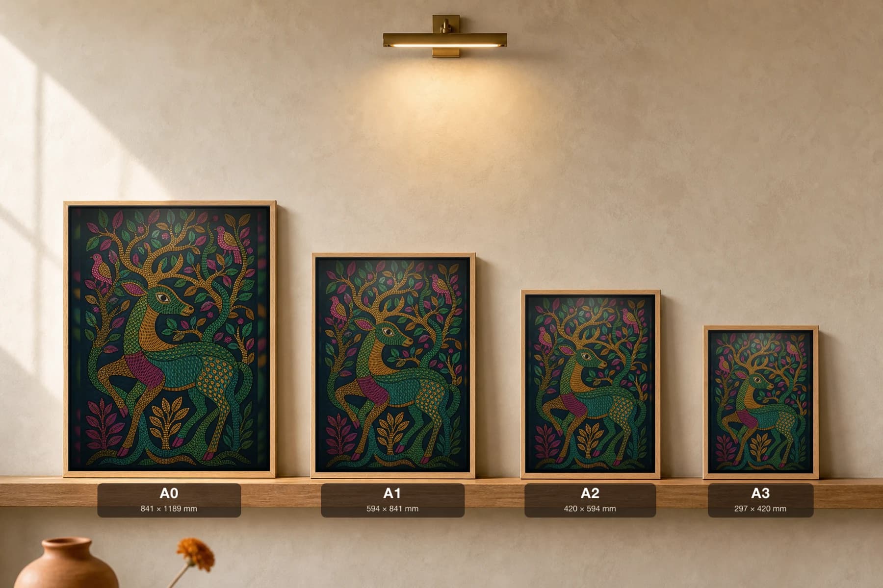 Deer and Trees Woven Gond Art Print — Pradhan Gond Jangarh Kalam folk art · collector A2 · Madhya Pradesh — print size guide showing the artwork at A0, A1, A2 and A3 in natural-oak frames at true relative scale