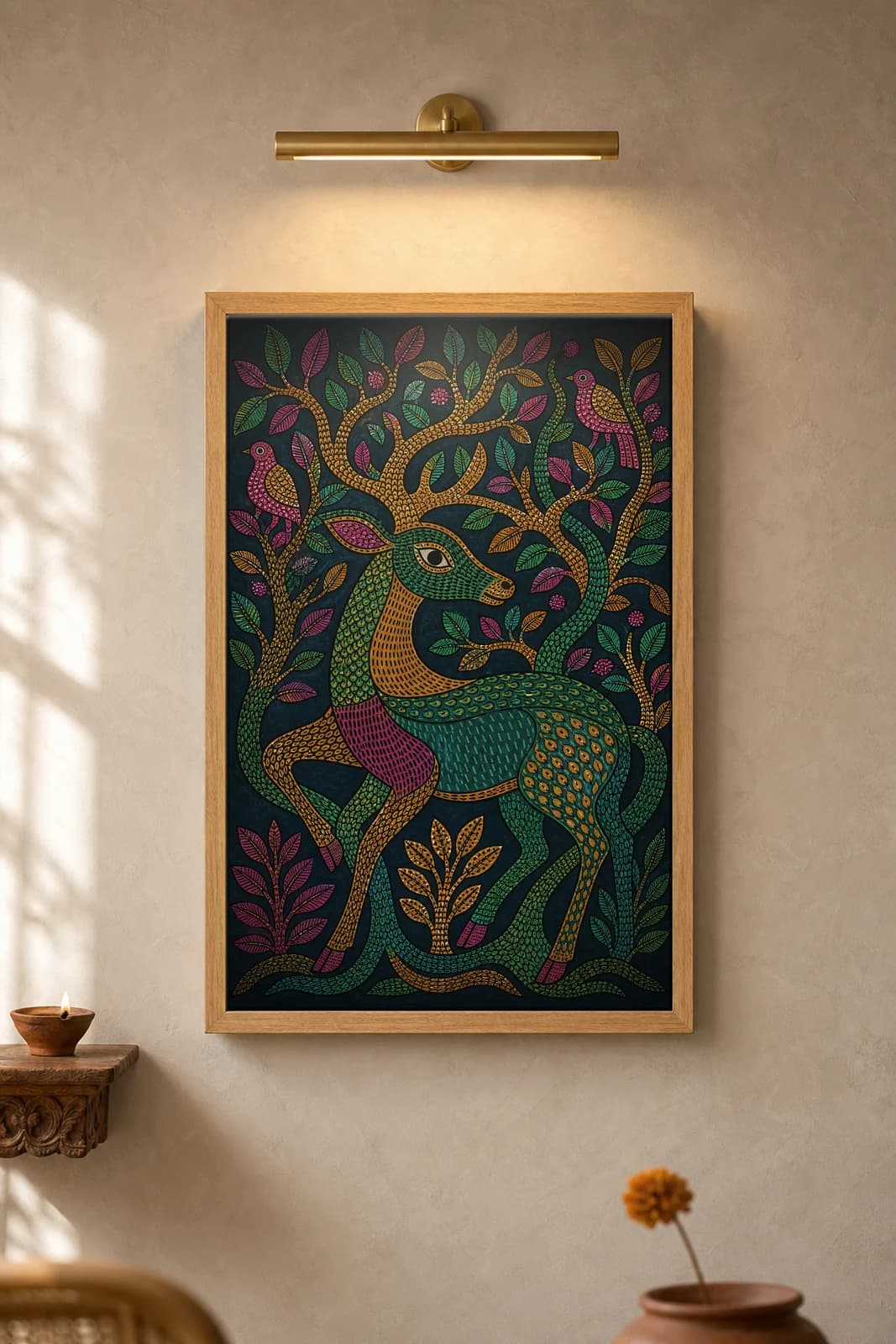 Deer and Trees Woven — framed museum print, Gond