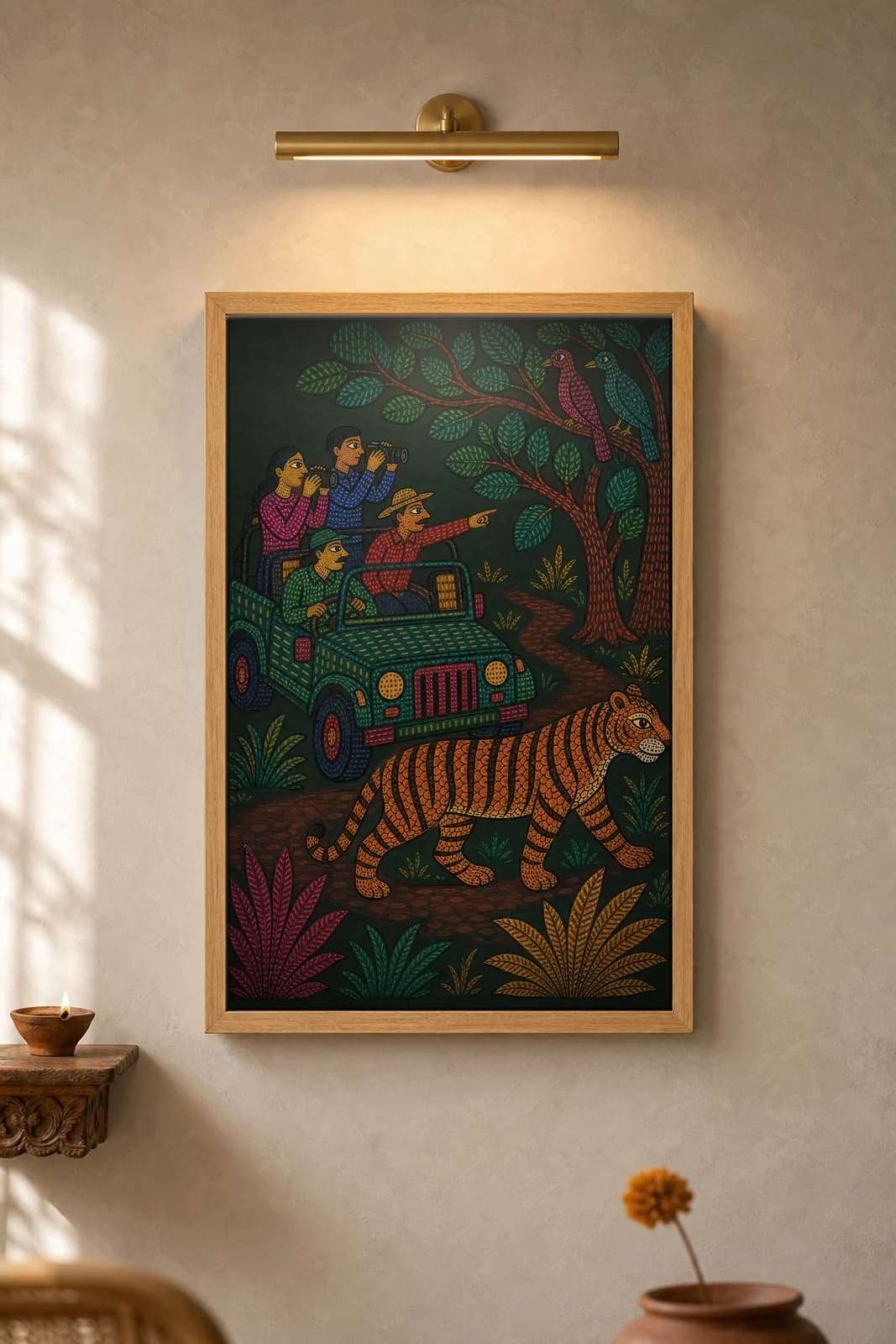 Tiger Safari Jeep — framed museum print, Gond